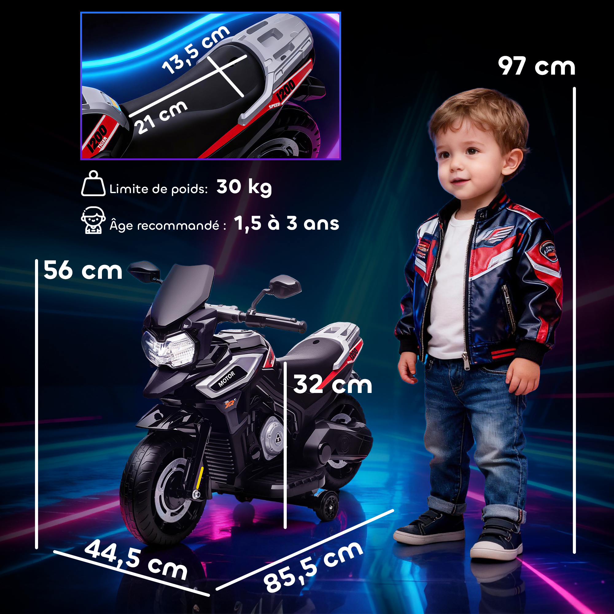 Moto Électrique Enfant 6 V avec Phares, Musique & Roues Stabilisatrices – 18-36 Mois – Noir – autre vue