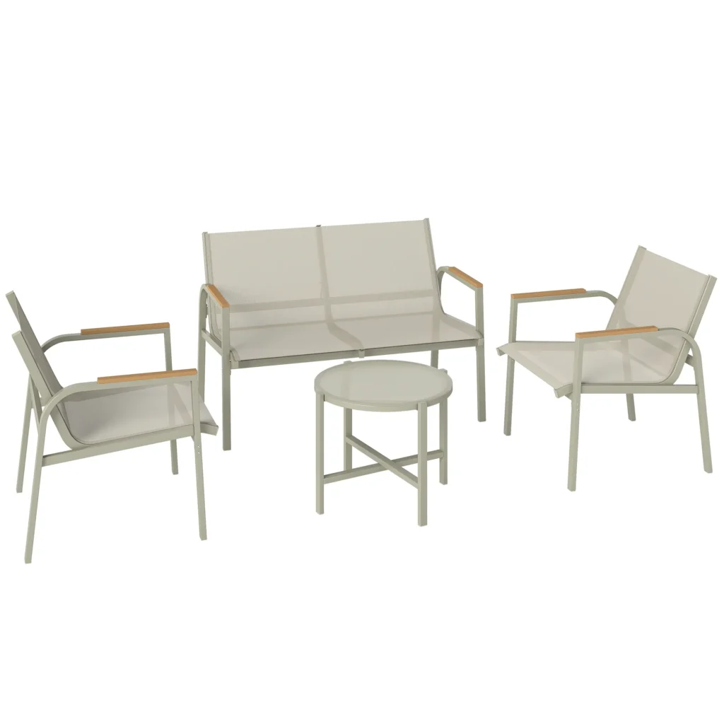Salon de jardin ensemble de terrasse avec canapé 2 places, 2 fauteuils et table basse en verre trempé 4 pièces Vert
