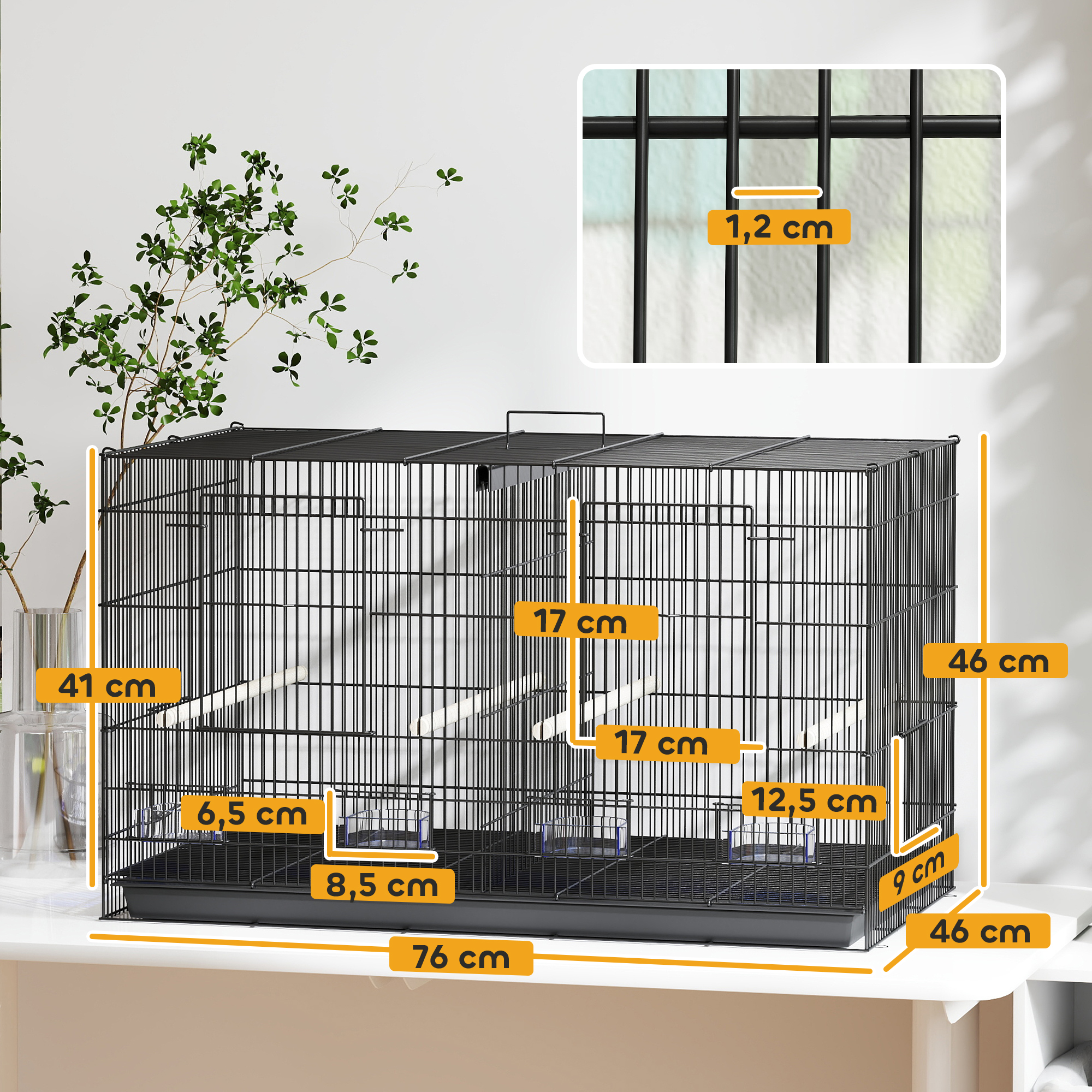 Cage à oiseaux volière intérieur acier avec séparateur 4 perchoirs plateau coulissant 4 mangeoires 76 x 46 x 46 cm noir – autre vue