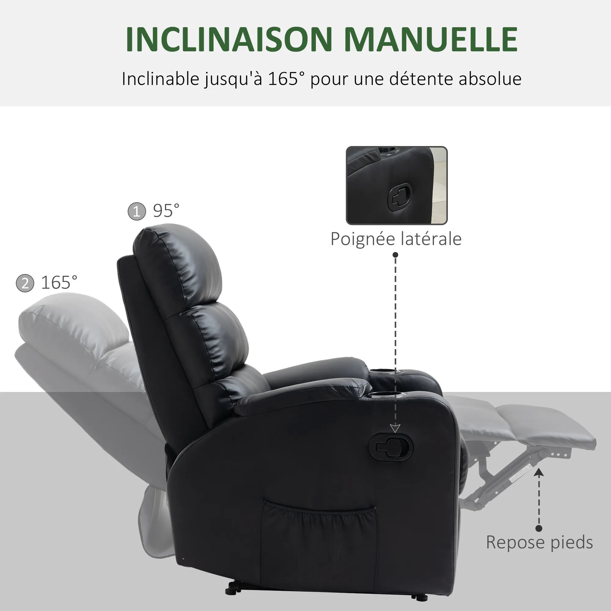 Fauteuil Relax Manuel Inclinable avec Repose-Pieds & Porte-Gobelets – Noir – Bild 5