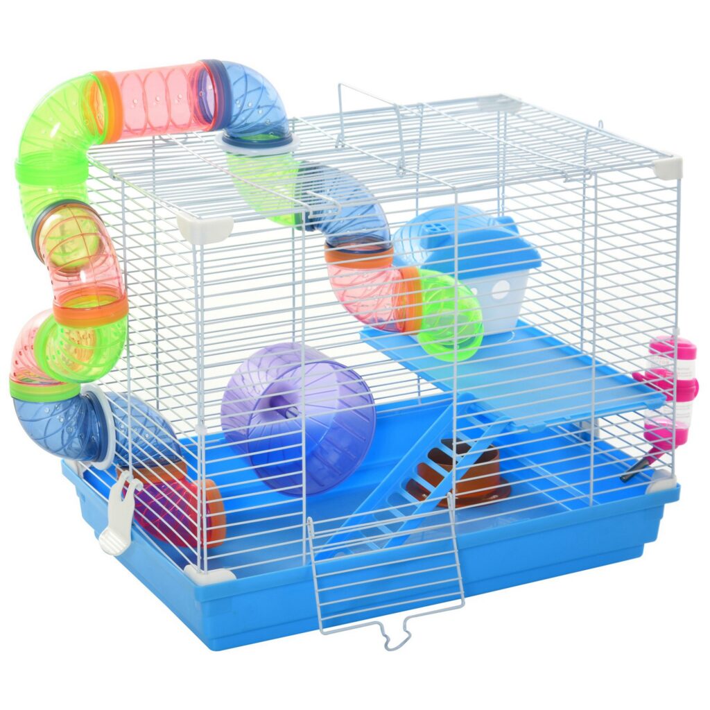 Cage à hamster rongeur 2 niveaux avec tunnel, biberon eau, roue, maisonnette, échelles dim. 46L x 30l x 37H cm, bleu
