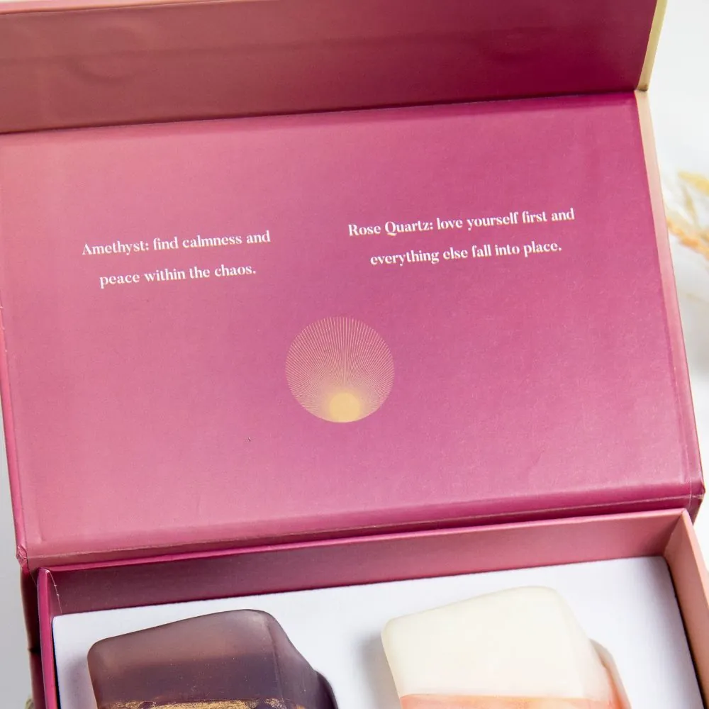 Coffret de 2 savons artisanaux avec cristaux – Améthyste & Quartz rose - Image 2