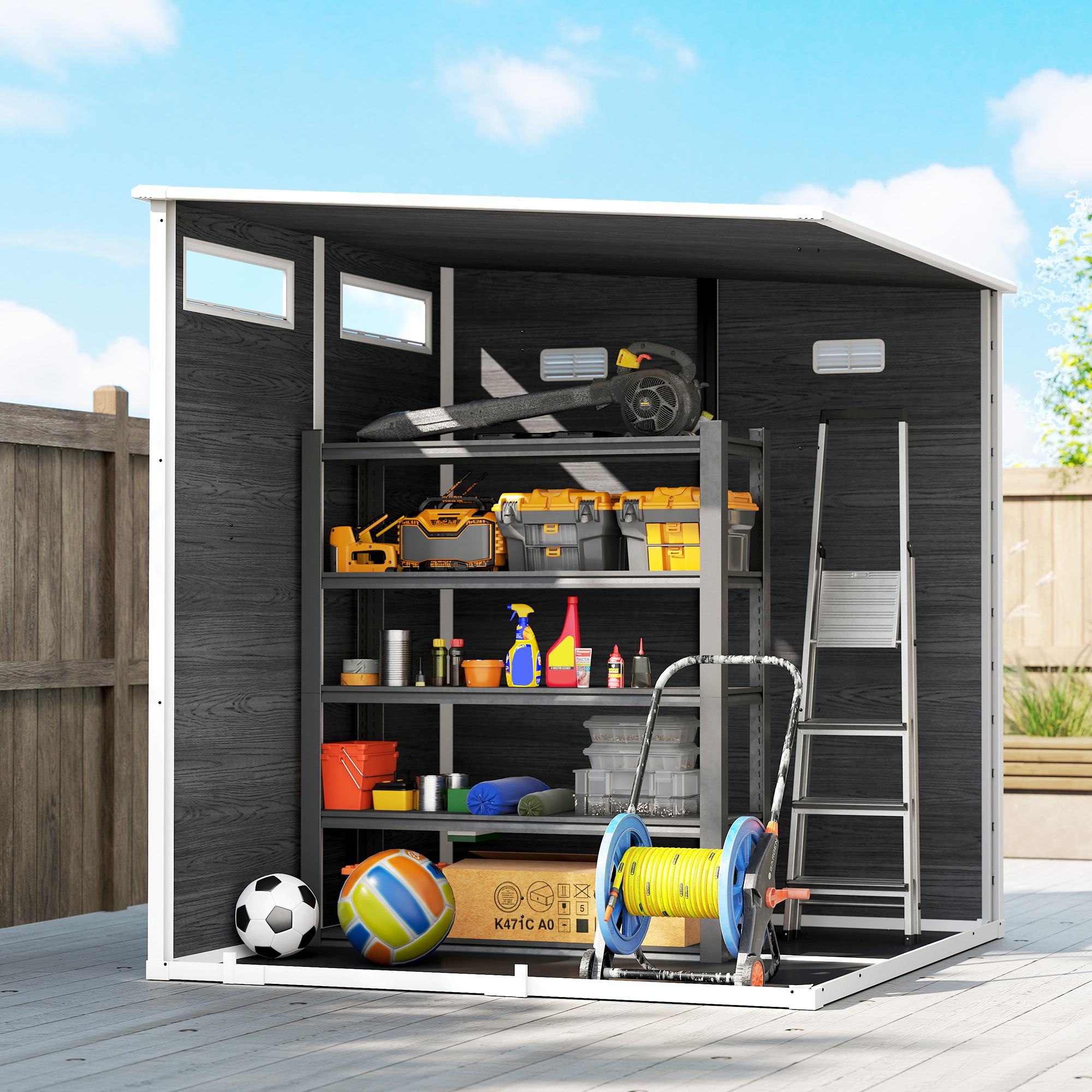 Abri de Jardin Cabanon de Stockage Plancher Structure Aluminium 3 Fenêtres 2 Aérations 182x182x183cm Gris Effet Bois – vue 9