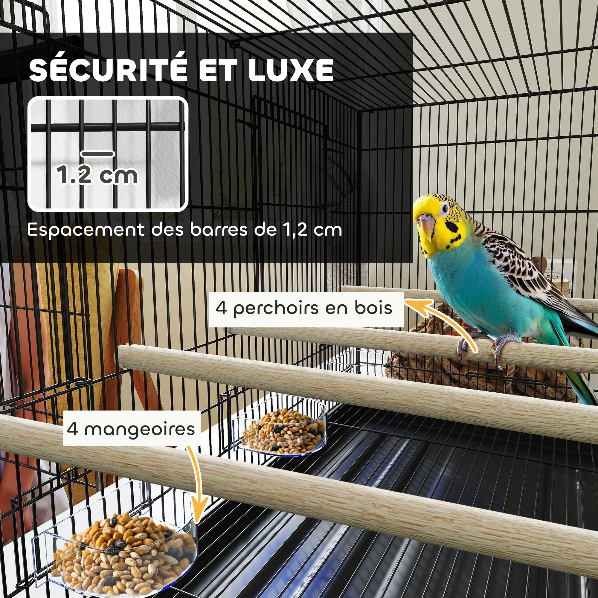 Cage à oiseaux volière intérieur acier avec séparateur 4 perchoirs plateau coulissant 4 mangeoires 76 x 46 x 46 cm noir – vue 5
