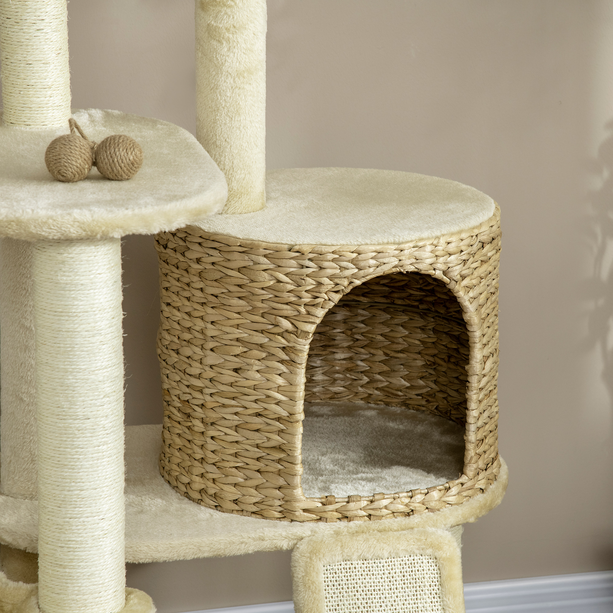 Arbre à chats griffoir sisal naturel 2 niches plateforme hamac peluche jacinthe d'eau - 60 x 60 x 150 cm beige – vue 9