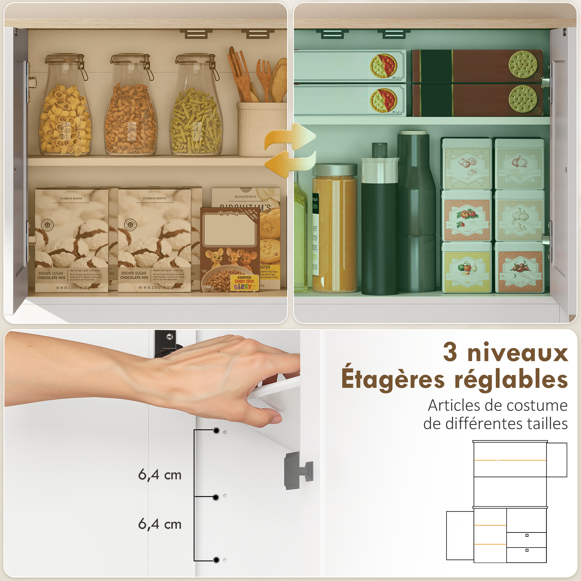 Buffet Haut Cuisine, Armoire Cuisine avec 3 Portes, 2 Tiroirs, Plan de Travail, Compartiments Ouverts, Blanc – vue 5