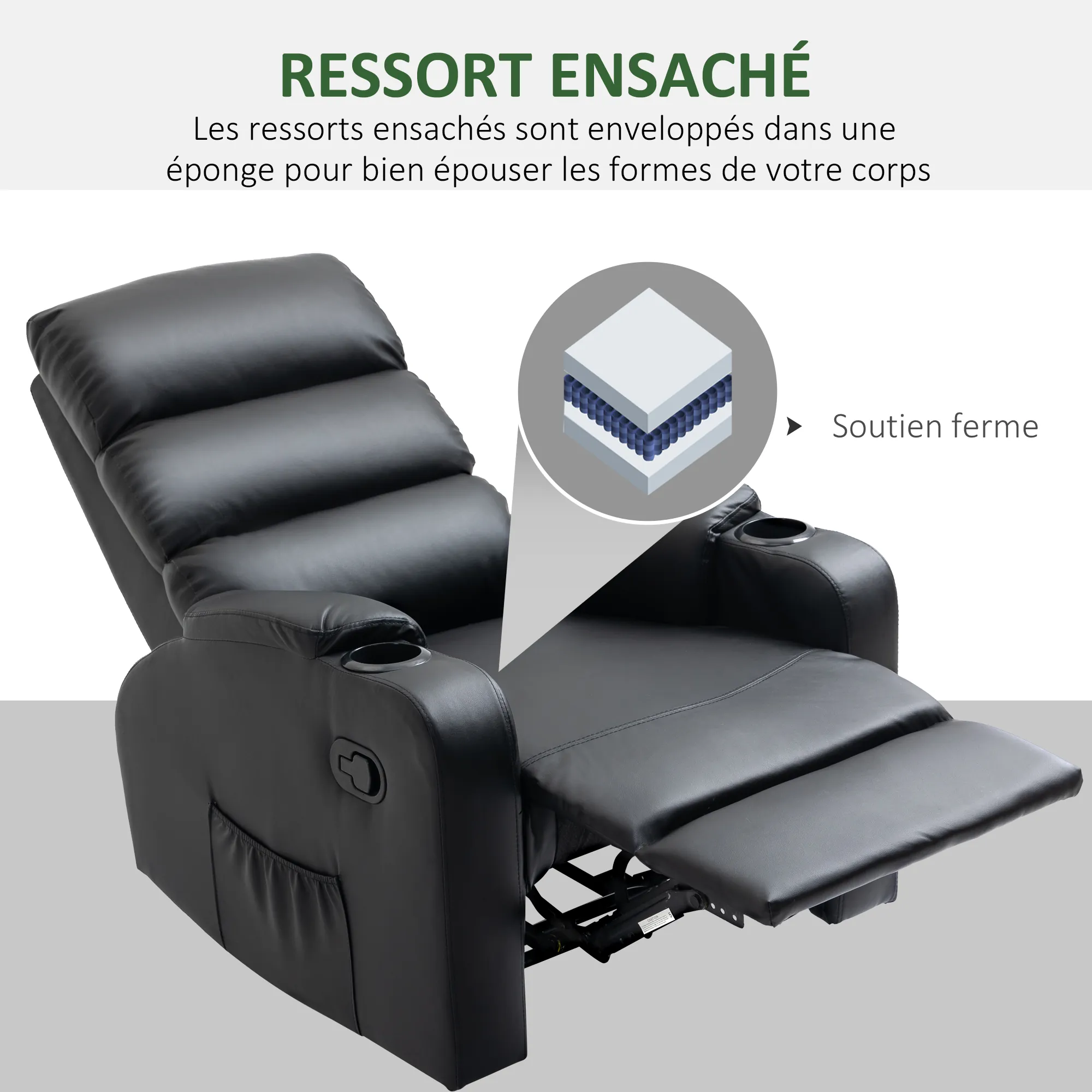 Fauteuil Relax Manuel Inclinable avec Repose-Pieds & Porte-Gobelets – Noir – Bild 6