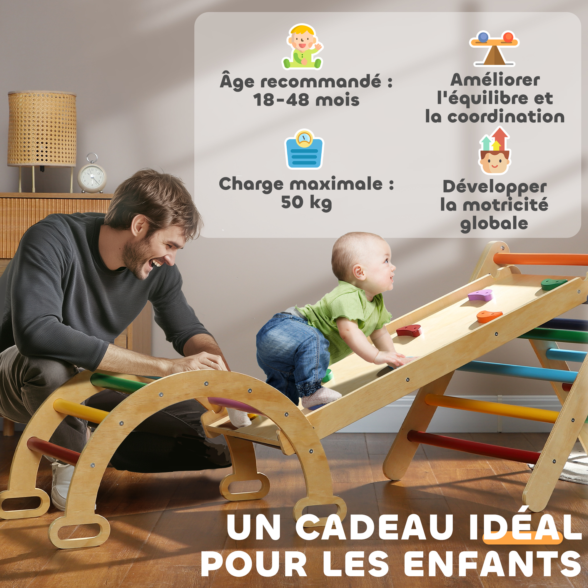 Triangle d’Escalade Enfant 5-en-1 avec Rampe, Toboggan & Bascule – Multicolore – vue 8