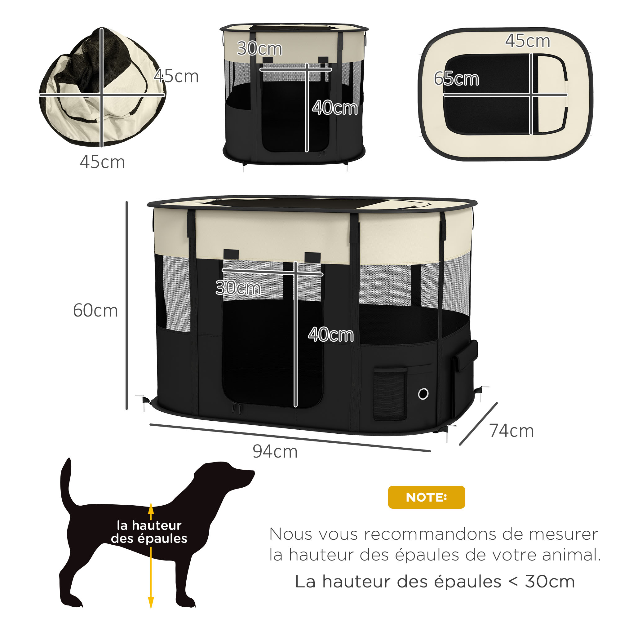 Parc enclos pliable pour chien chat petits animaux en tissu Oxford avec rangement 94 x 74 x 60 cm blanc crème et noir – autre vue
