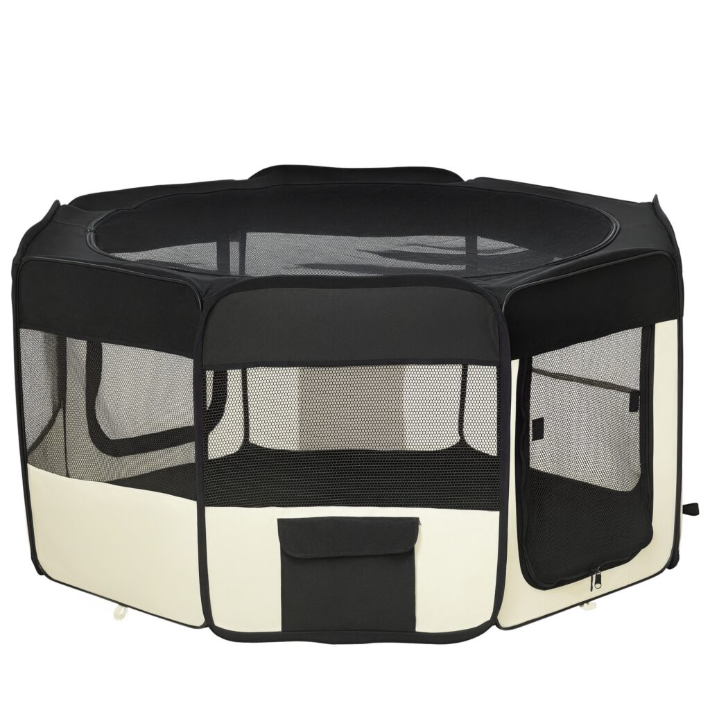 Parc enclos pliable pour chien chat petits animaux octogonal en tissu Oxford et acier - Ø 120 x 58H cm - noir et crème