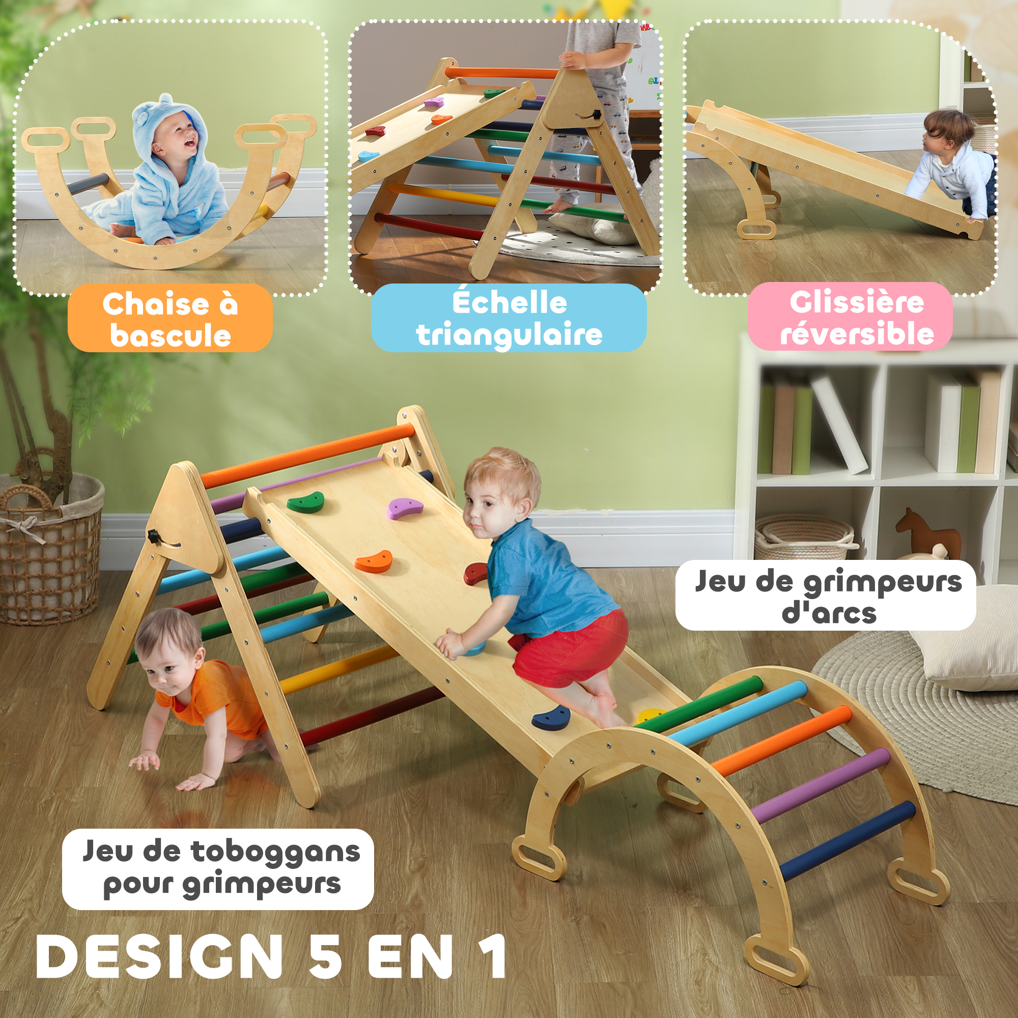 Triangle d’Escalade Enfant 5-en-1 avec Rampe, Toboggan & Bascule – Multicolore – vue de détail