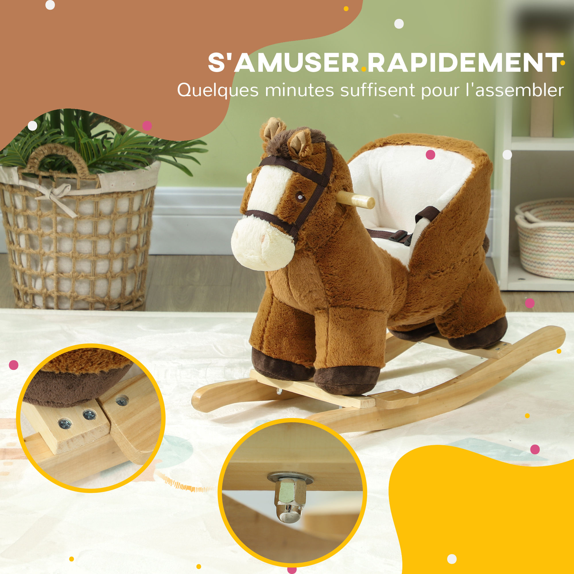 Cheval à Bascule Bébé avec Sons, Ceinture & Repose-Pieds – 18 à 36 Mois – Marron – vue 7