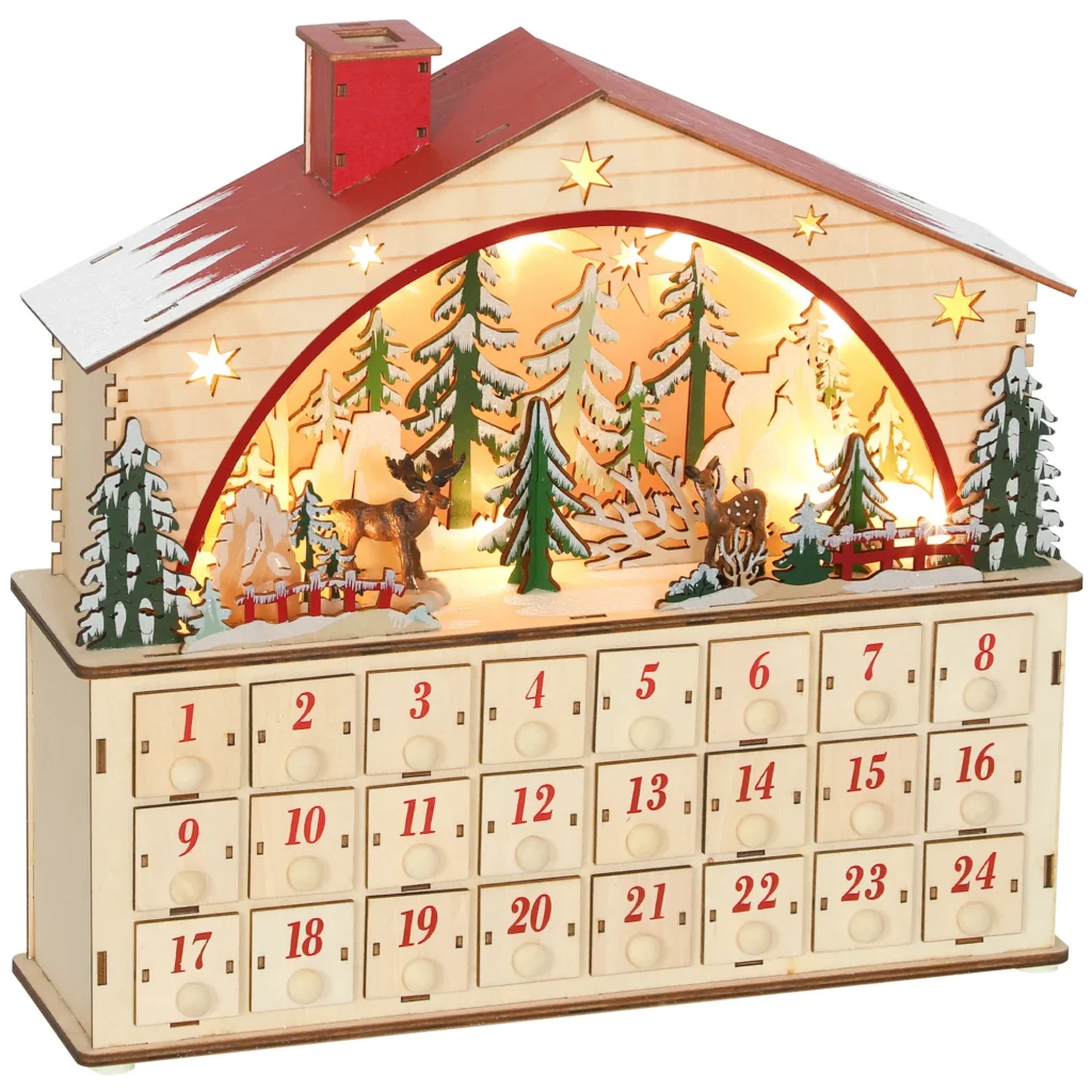 Calendrier de l’Avent en Bois Lumineux LED avec 24 Tiroirs – Village de Noël