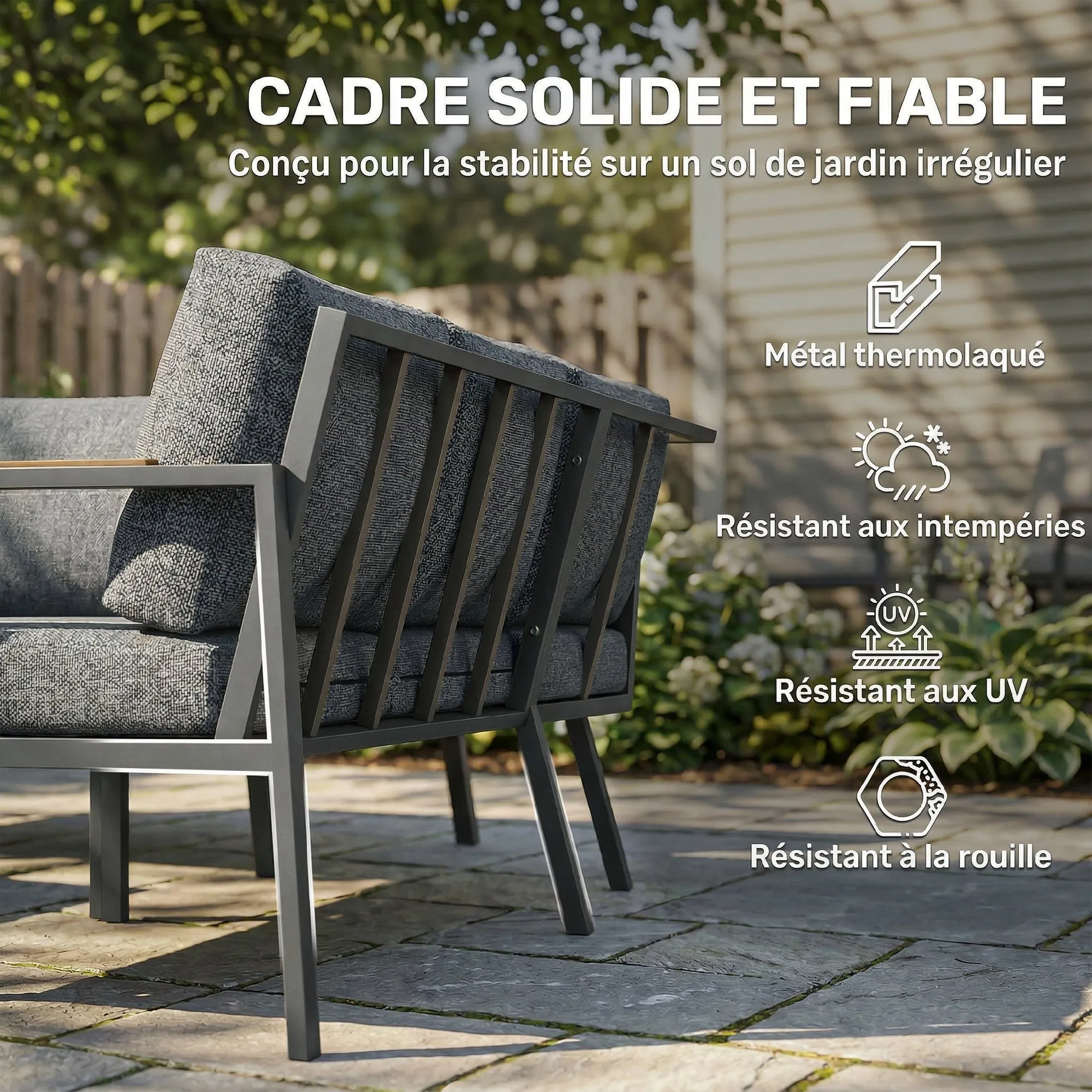 Salon de Jardin 5 Places avec Coussins & Table Basse – Gris Foncé – vue 7