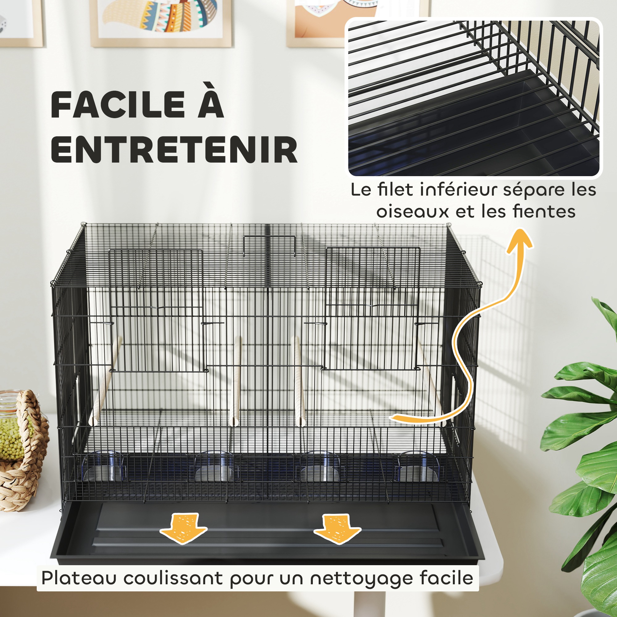 Cage à oiseaux volière intérieur acier avec séparateur 4 perchoirs plateau coulissant 4 mangeoires 76 x 46 x 46 cm noir – vue 7