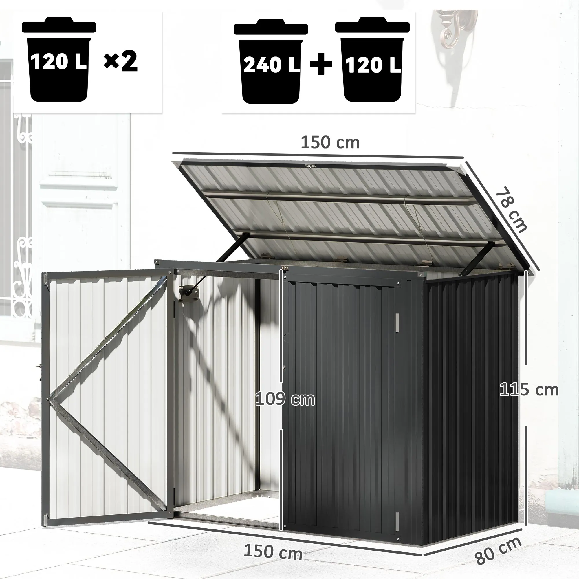 Cache-poubelles extérieur 2 bacs en acier galvanisé – gris foncé – autre vue