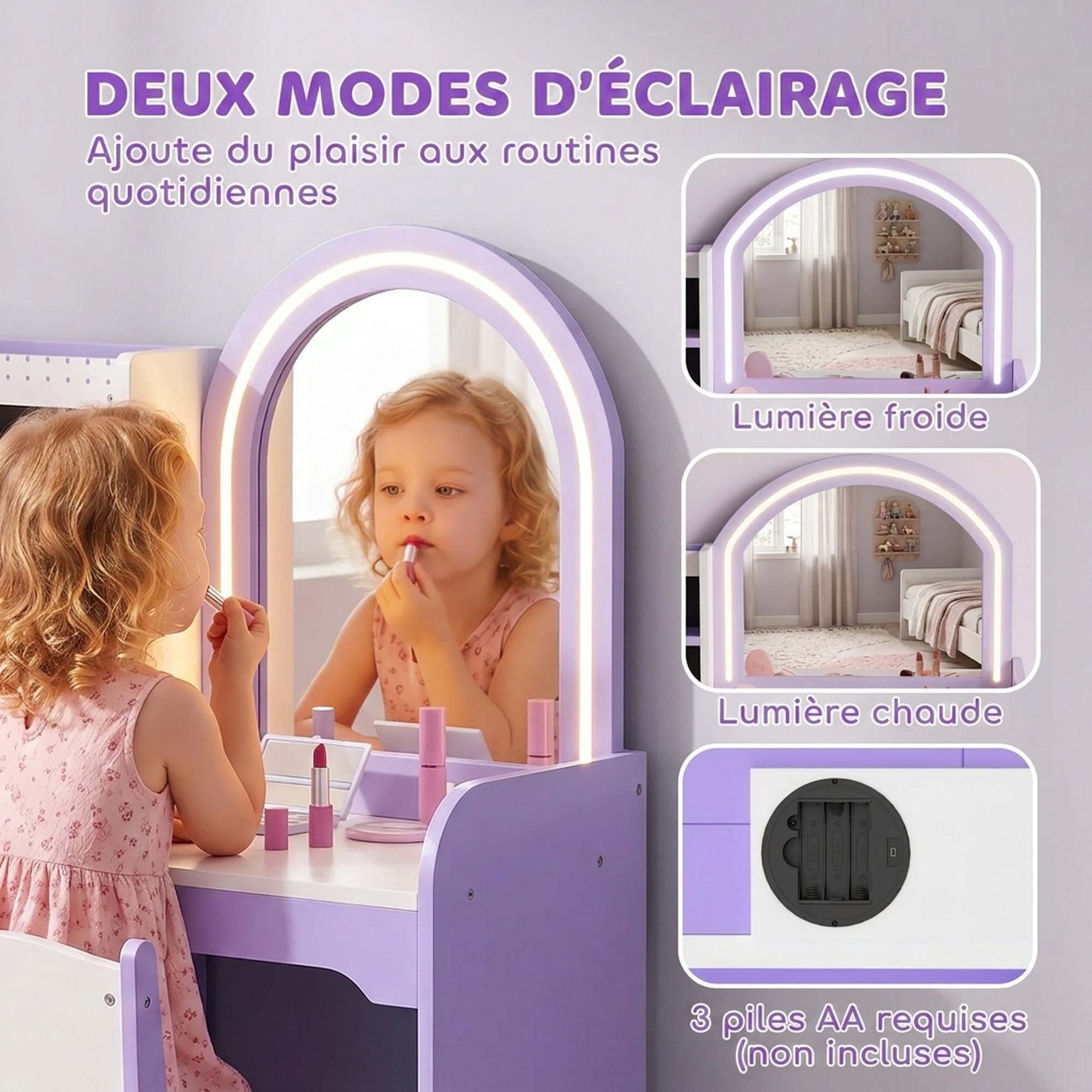 Coiffeuse Enfant avec Miroir, Éclairage LED, Rangements & Tabouret – Violet & Blanc – vue de détail