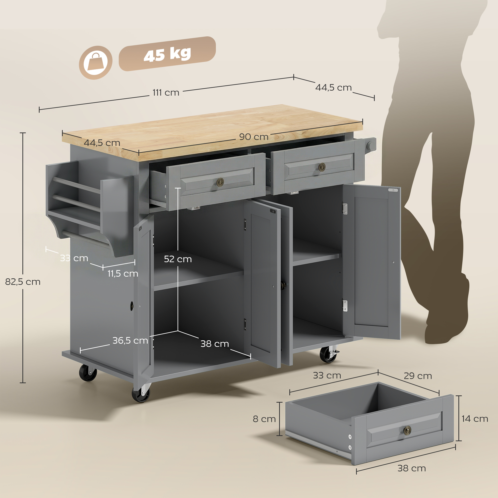 Desserte de Cuisine Mobile avec 2 Placards, 2 Tiroirs & Plateau en Hévéa – Gris – autre vue