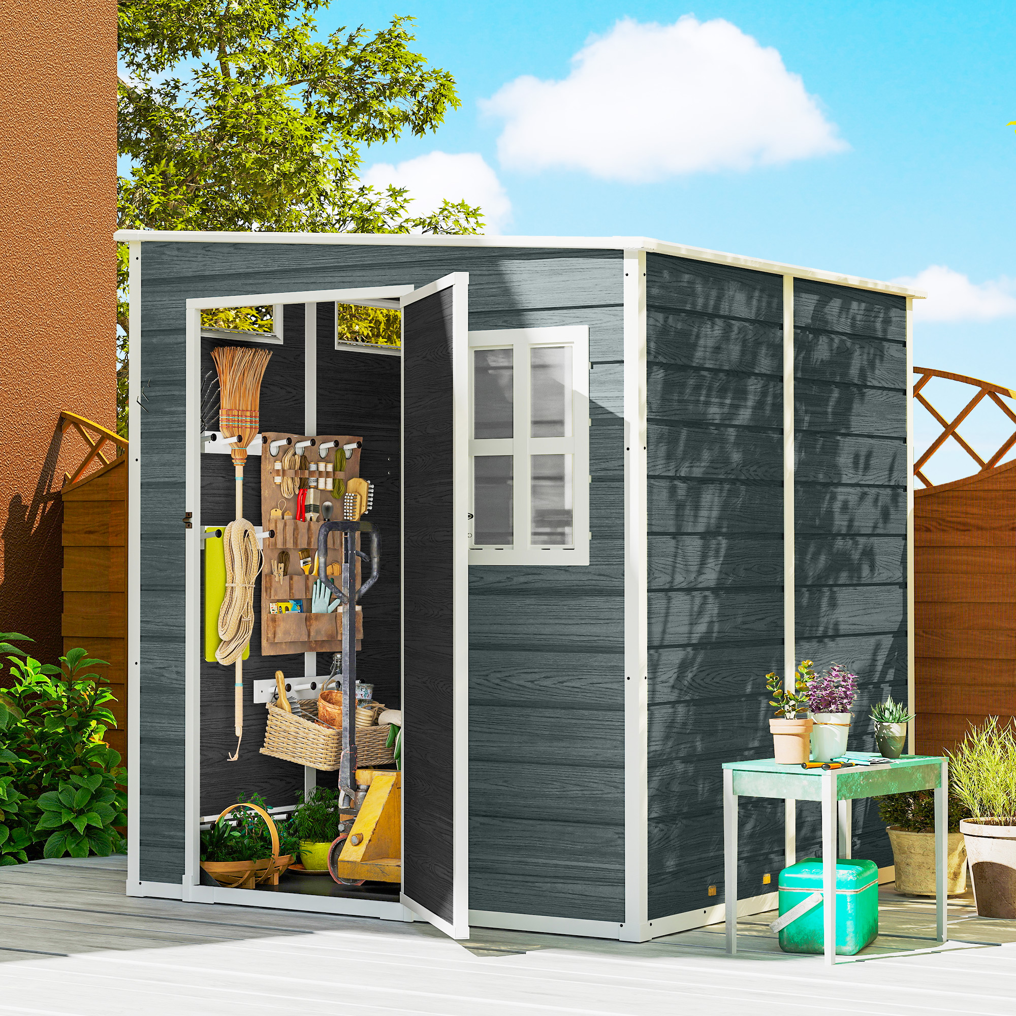 Abri de Jardin Cabanon de Stockage Plancher Structure Aluminium 3 Fenêtres 2 Aérations 182x182x183cm Gris Effet Bois – vue supplémentaire
