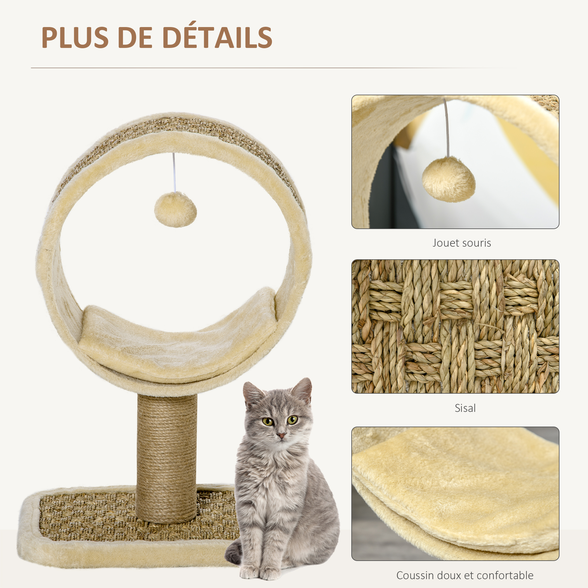 Arbre à chat compact 56 cm avec couchage, griffoir en jute & jouet – beige & kaki – vue 5