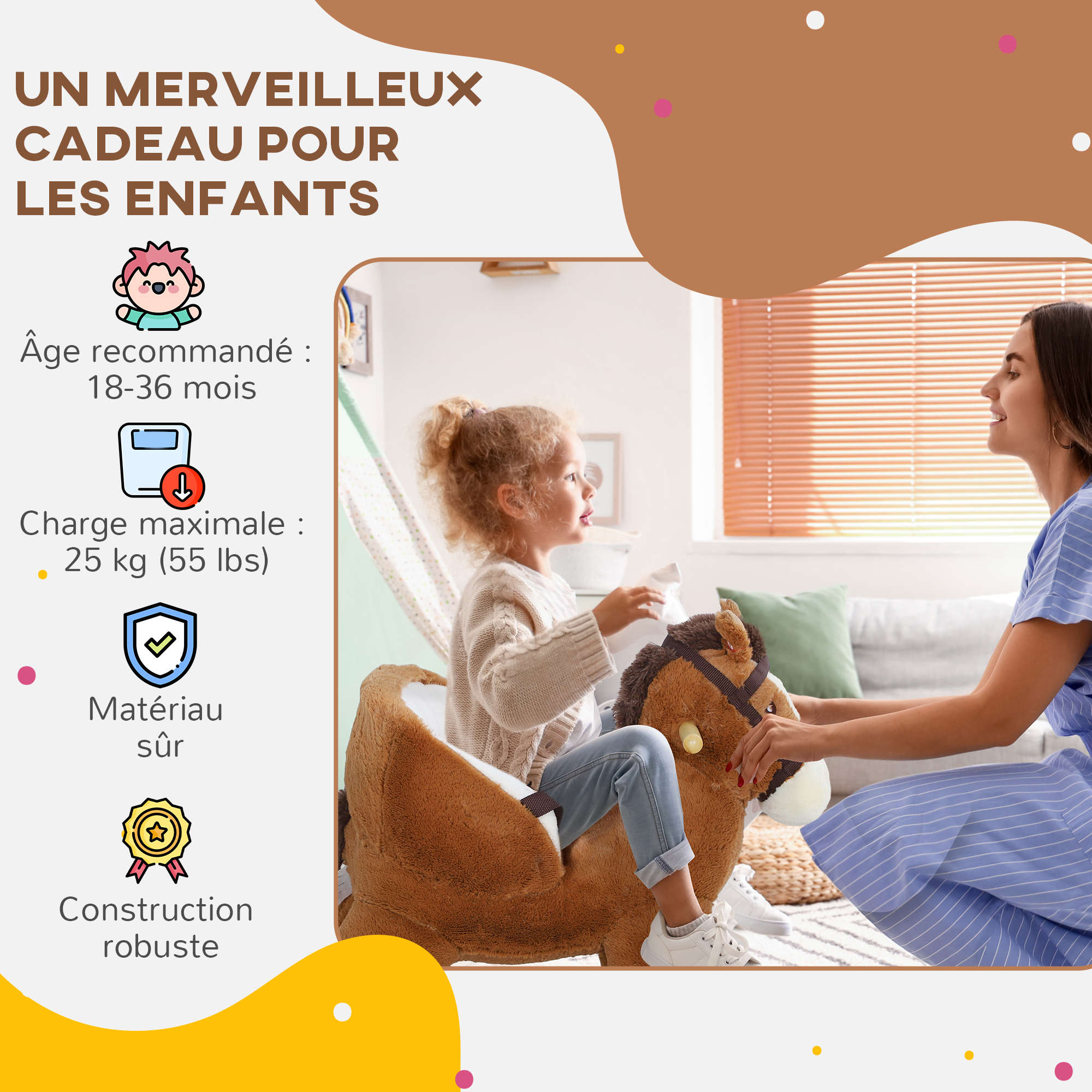 Cheval à Bascule Bébé avec Sons, Ceinture & Repose-Pieds – 18 à 36 Mois – Marron – vue 8