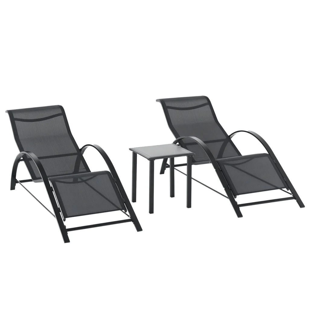 Lot de 2 bains de soleil chaise longue design contemporain table basse plateau verre trempé métal époxy textilène noir
