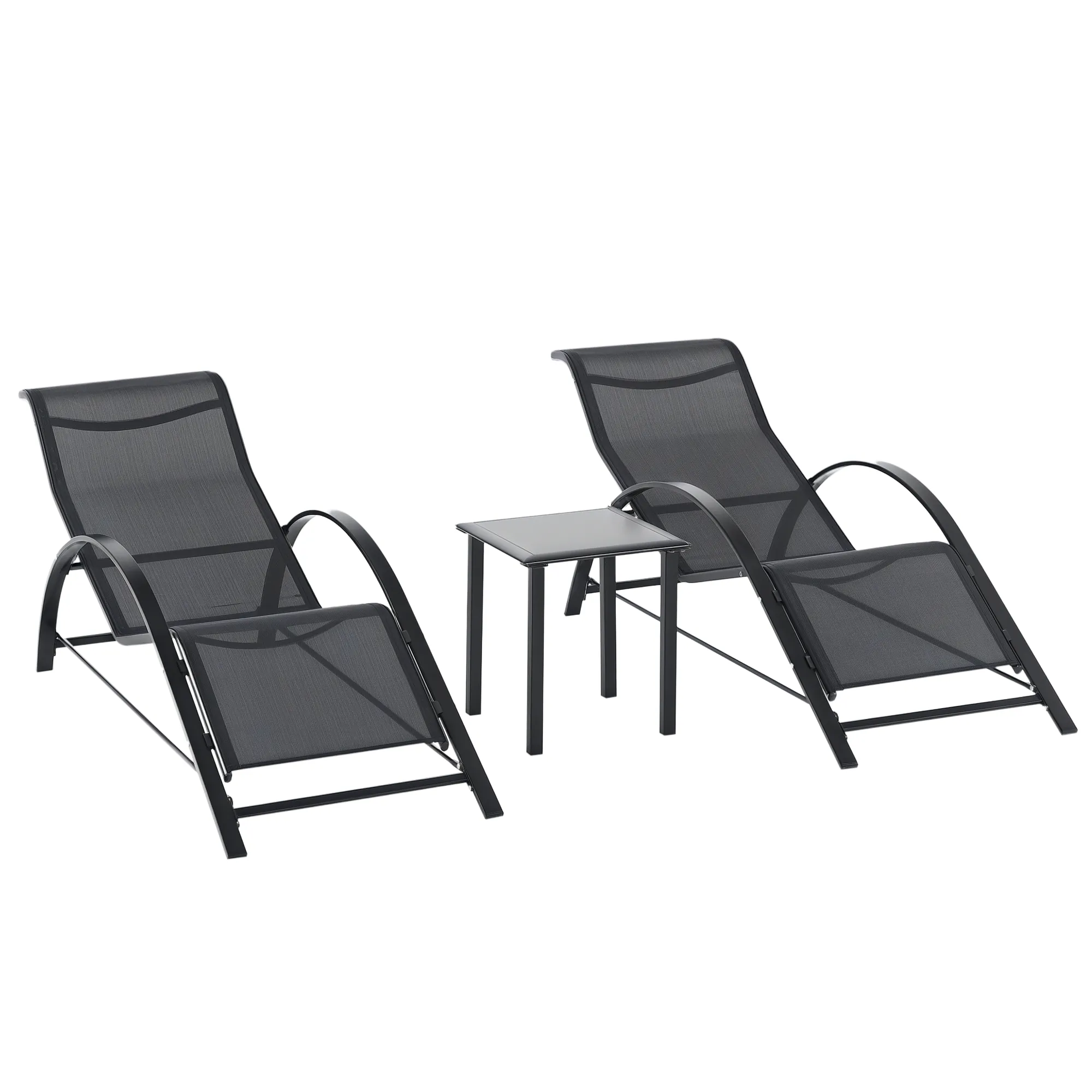 Lot de 2 bains de soleil chaise longue design contemporain table basse plateau verre trempé métal époxy textilène noir