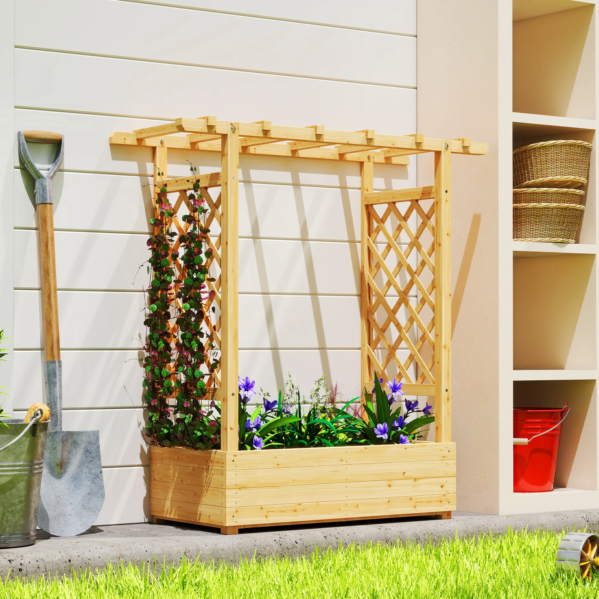 Jardinière surélevée avec treillis latéral et supérieur, bac à fleurs trous de drainage, 110x44x113cm, bois naturel – vue supplémentaire