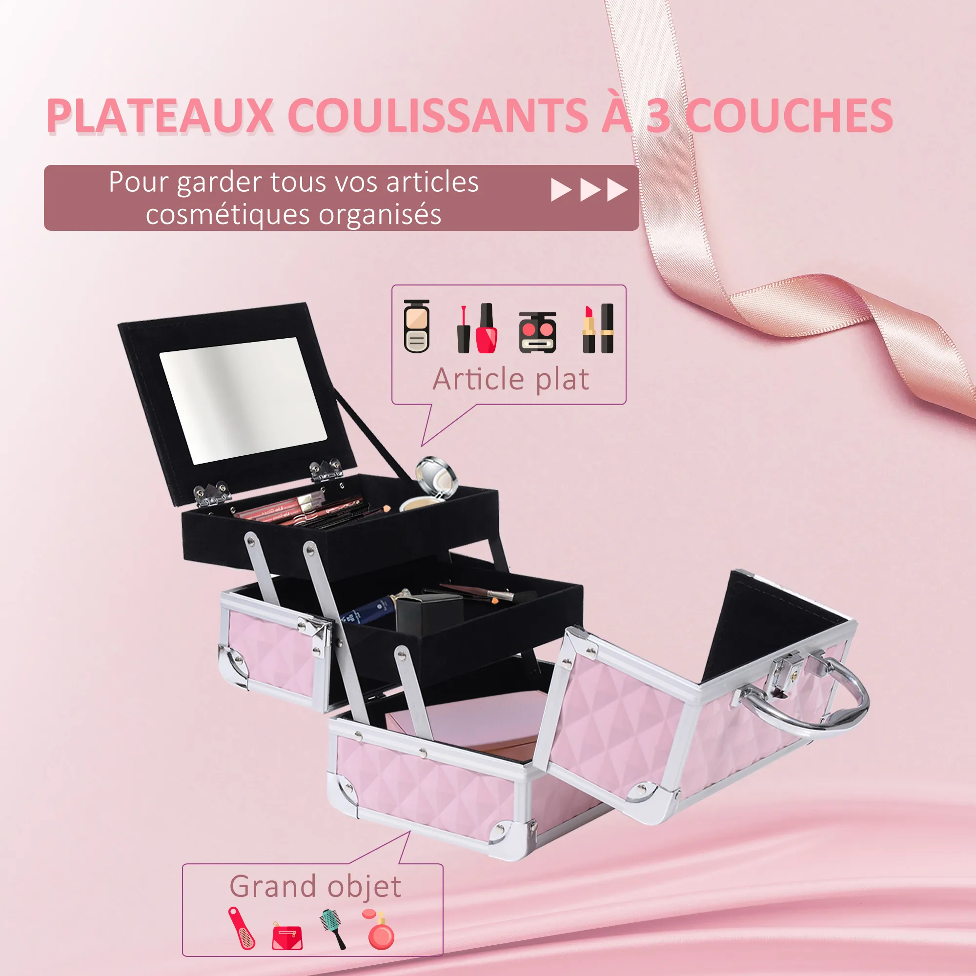 Mallette de maquillage 3 niveaux avec miroir & serrure – rose - Image 6