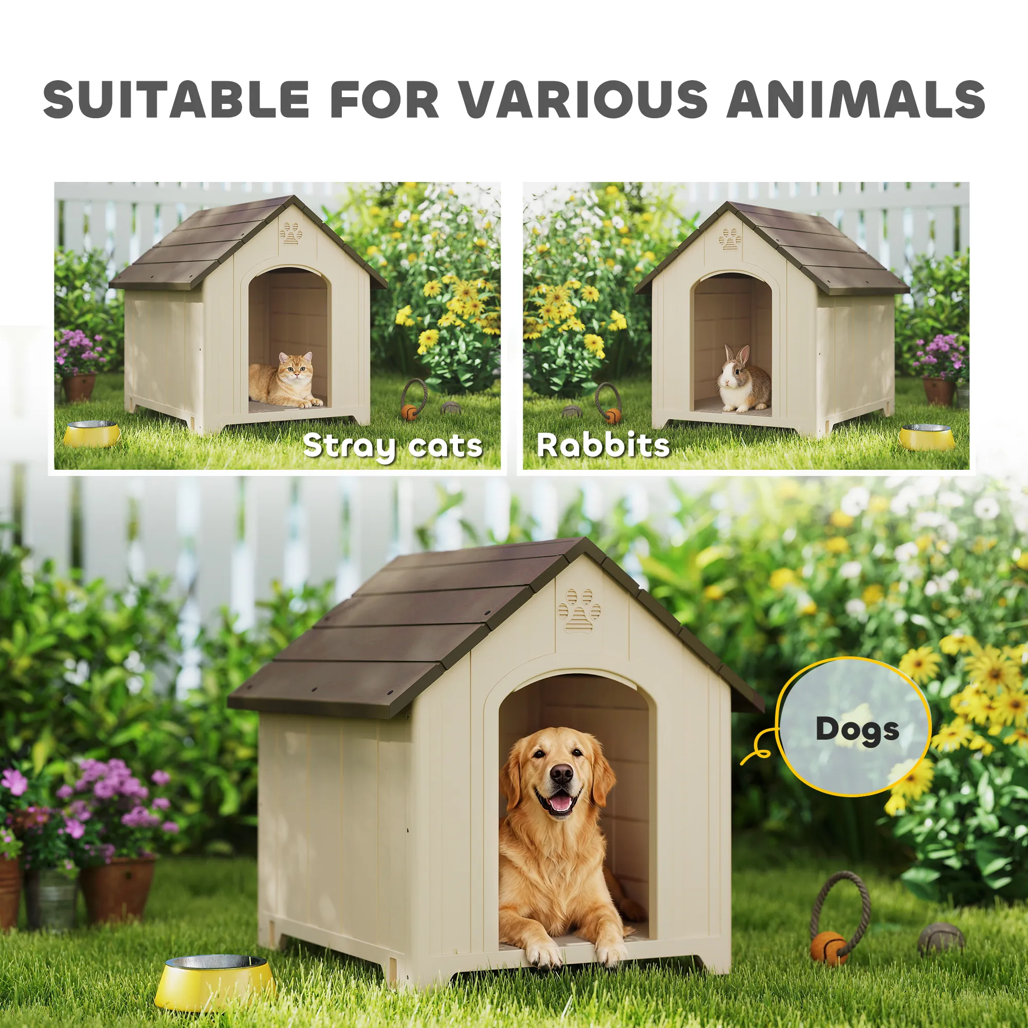 Niche pour chien extérieur, maison chien en polypropylène imperméable, ventilé, plancher surélevé, beige - Afbeelding 2