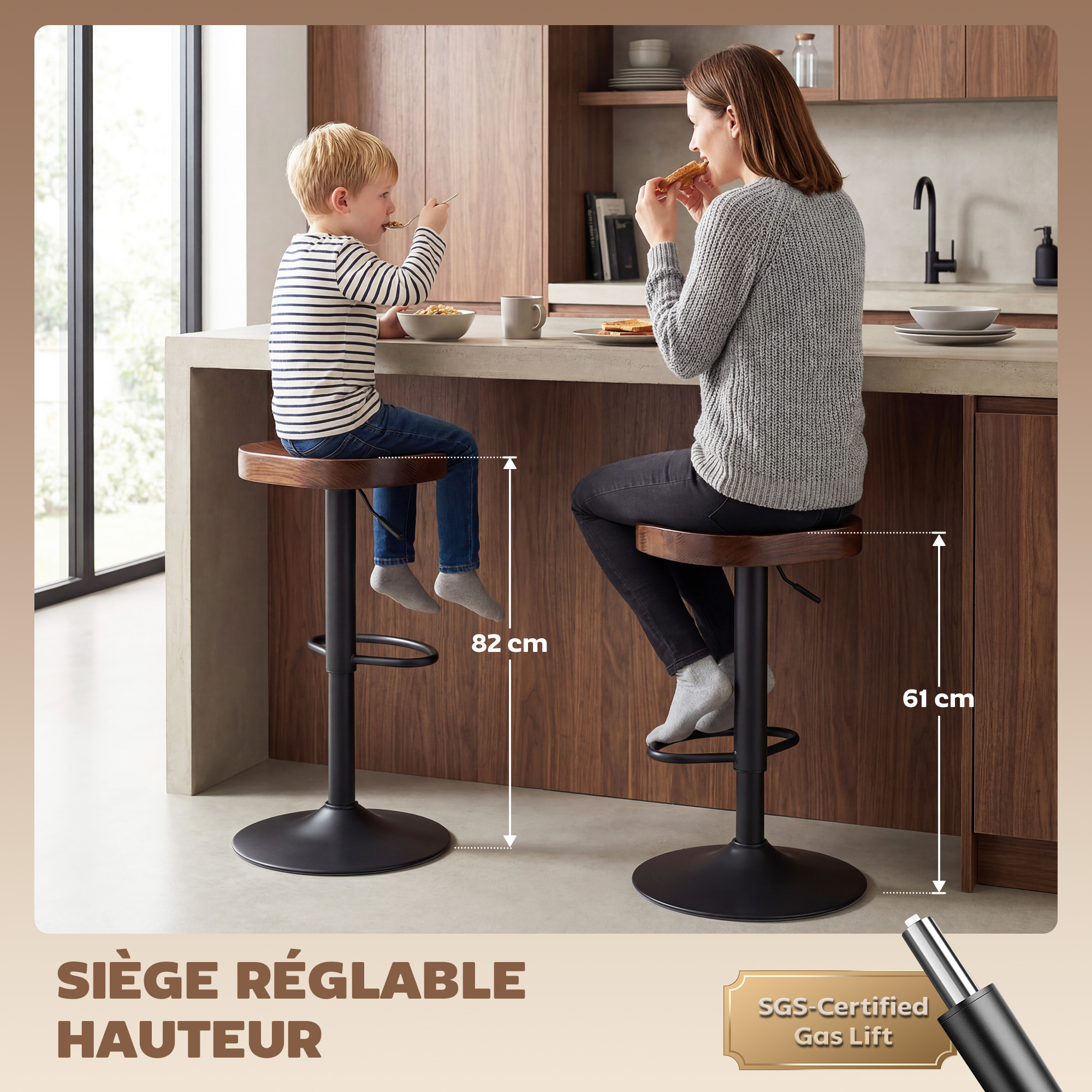 Lot de 2 Tabourets de Bar Pivotants & Réglables 61–82 cm – Bois d’Orme & Métal – Marron Foncé – vue de détail