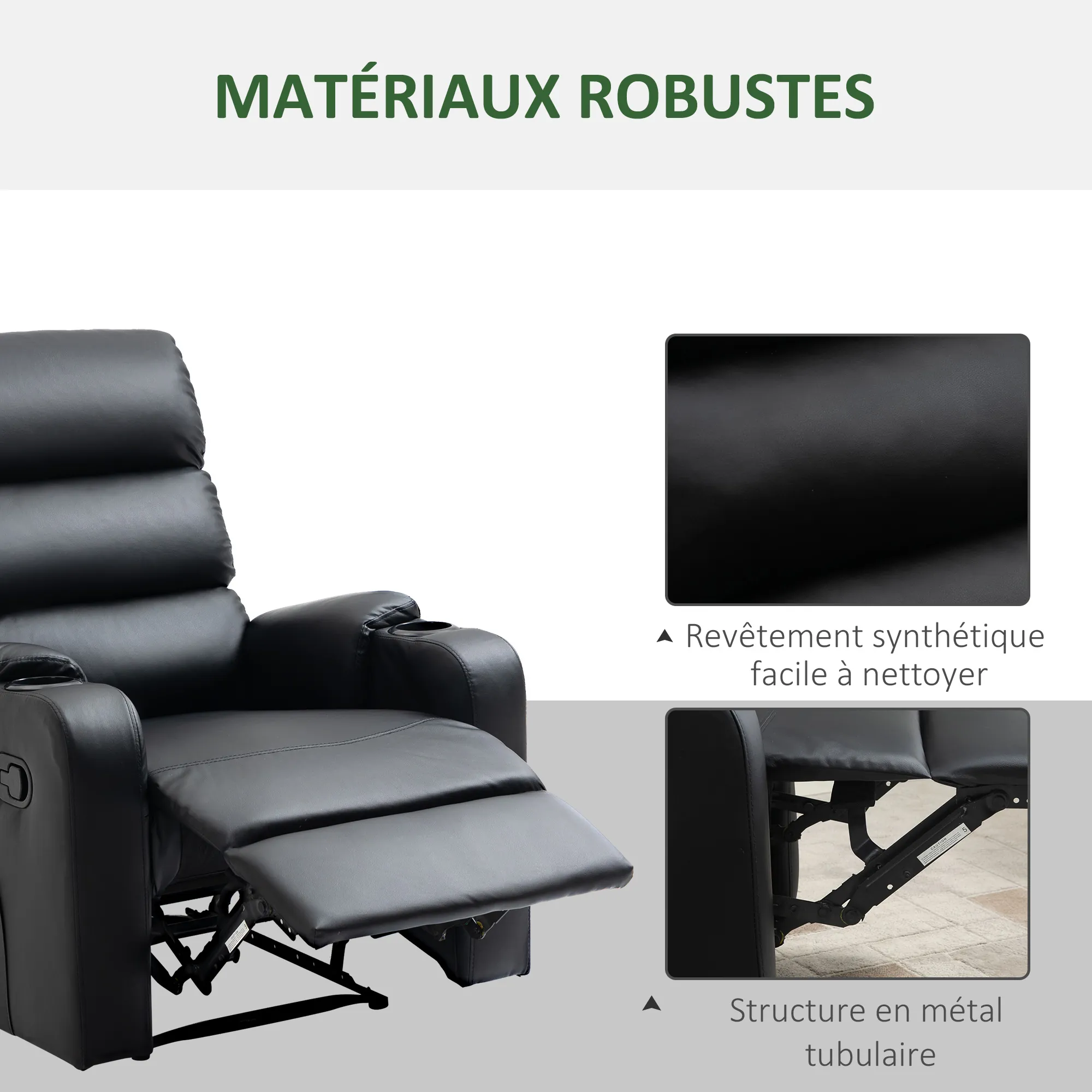 Fauteuil Relax Manuel Inclinable avec Repose-Pieds & Porte-Gobelets – Noir – Bild 7