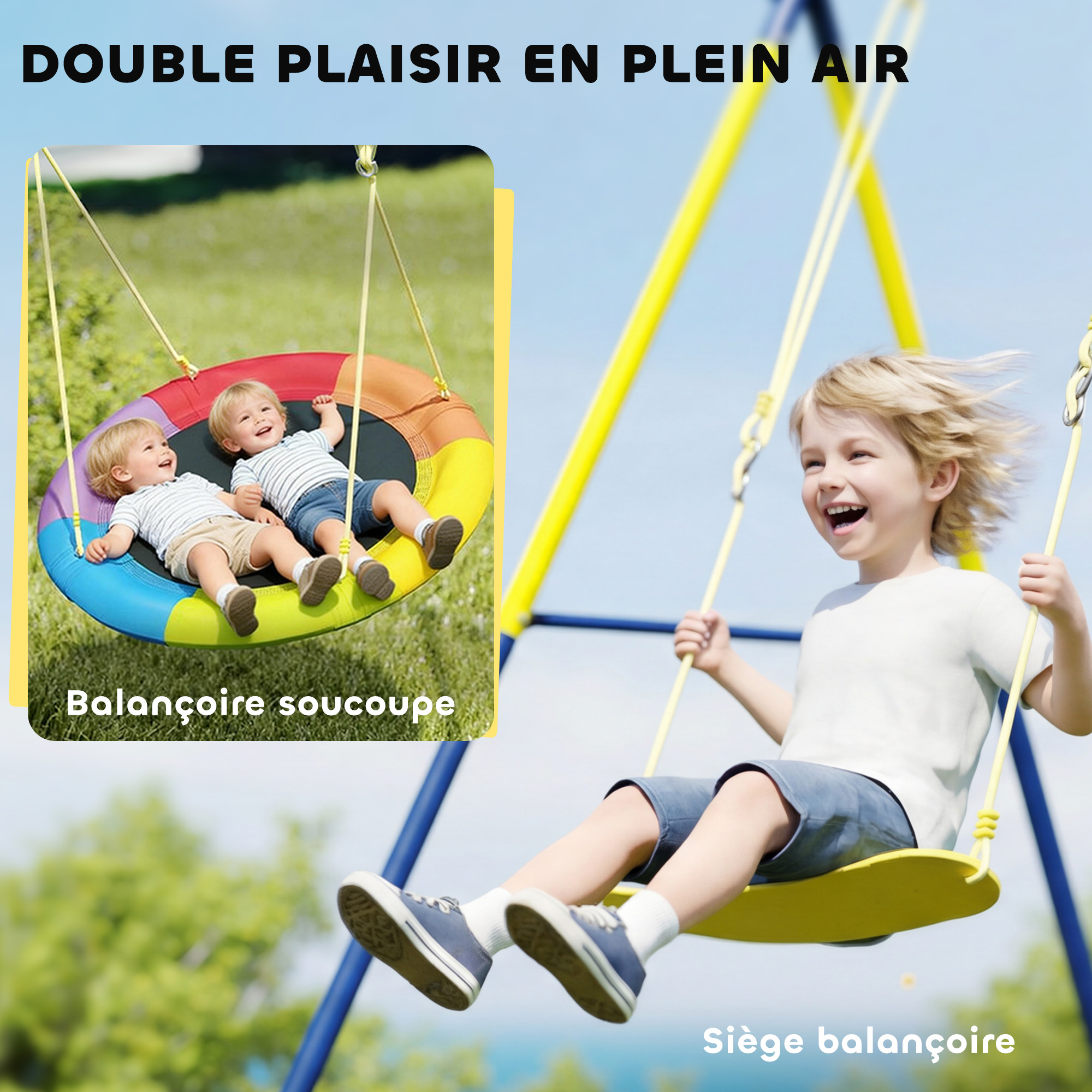 Balançoire portique pour enfant avec double balancelles, cordes réglables, cadre en acier, pour 3-8 ans, multicolore – vue de détail