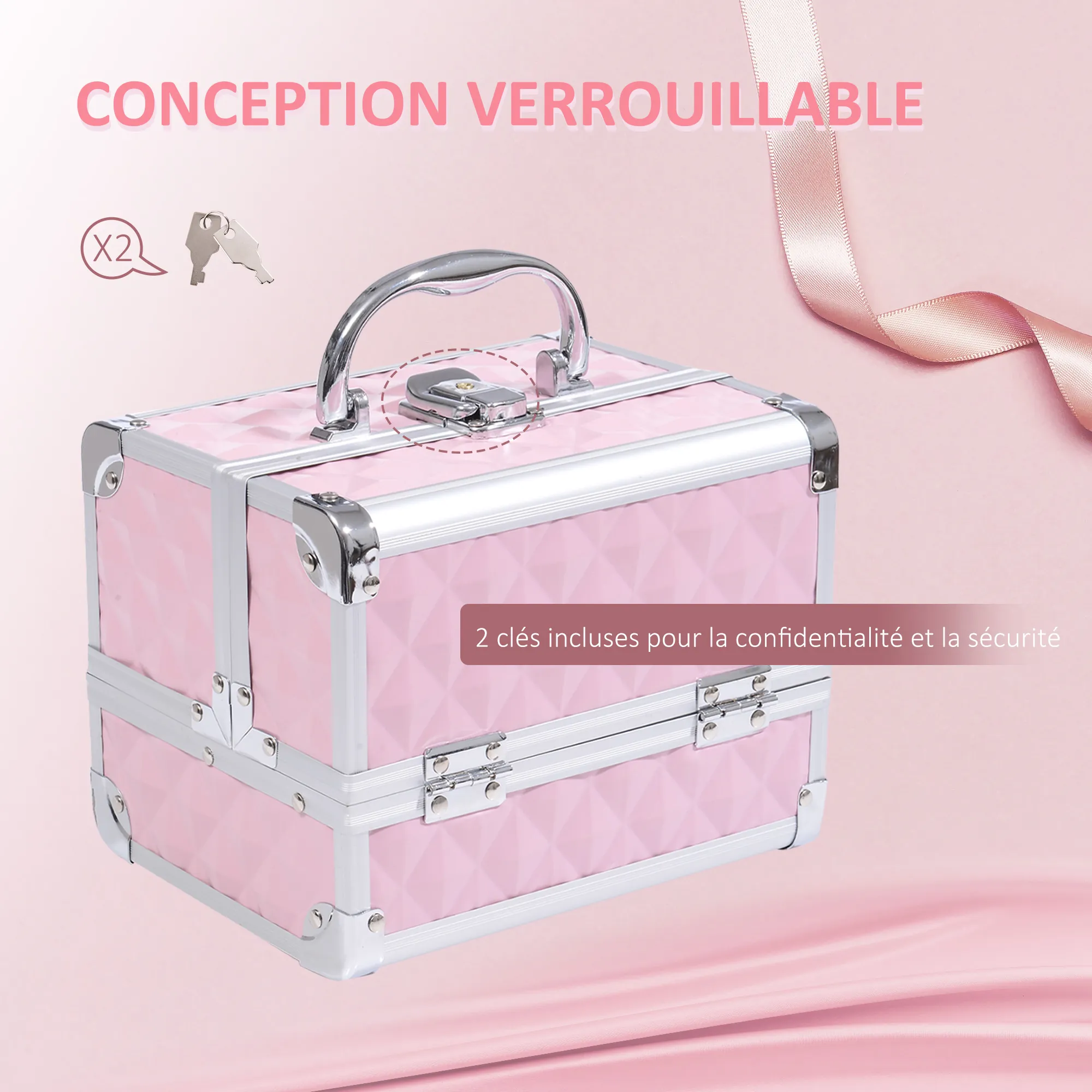 Mallette de maquillage 3 niveaux avec miroir & serrure – rose - Image 4
