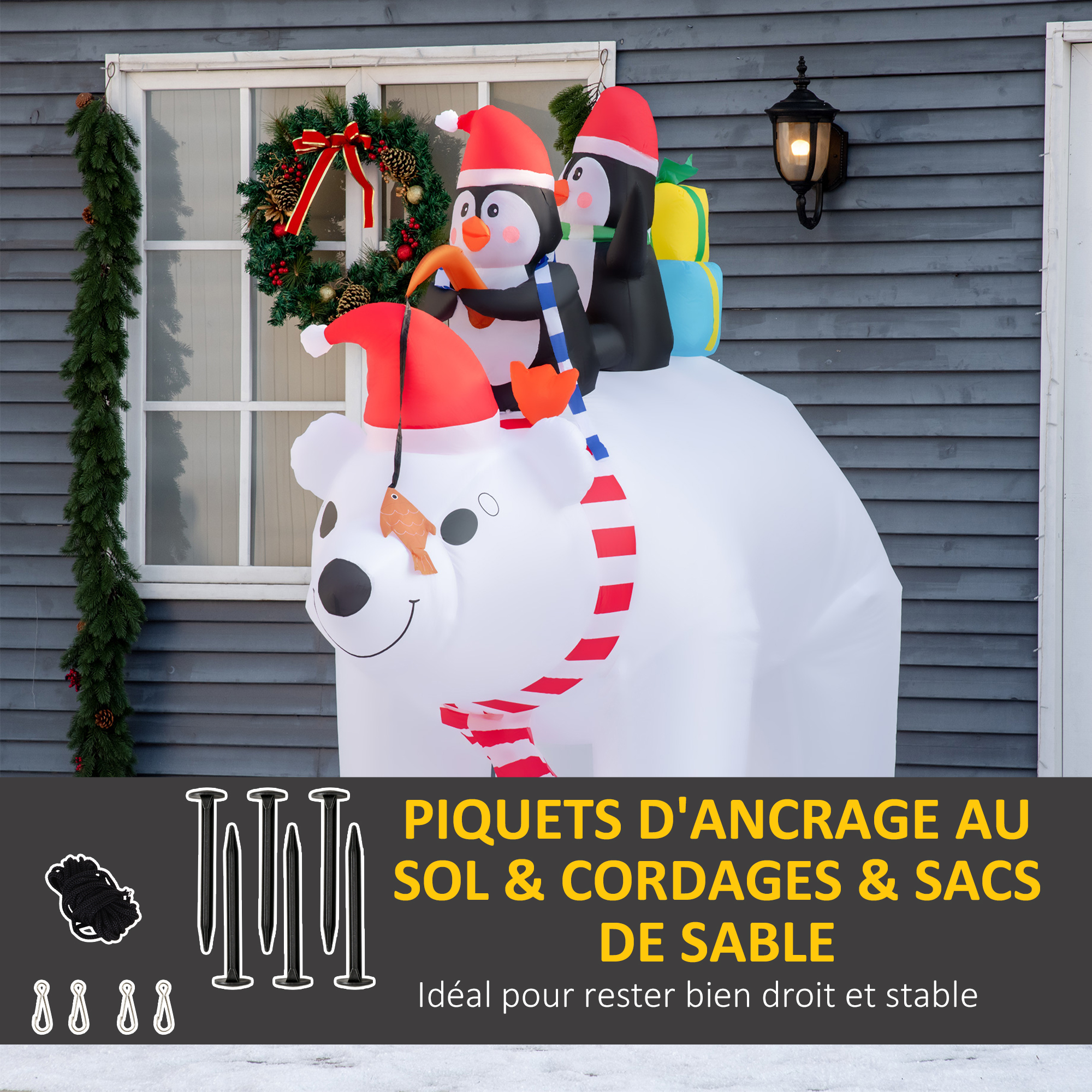 Ours polaire gonflable de Noël 206 cm avec 2 pingouins et LED – HOMCOM – vue 6