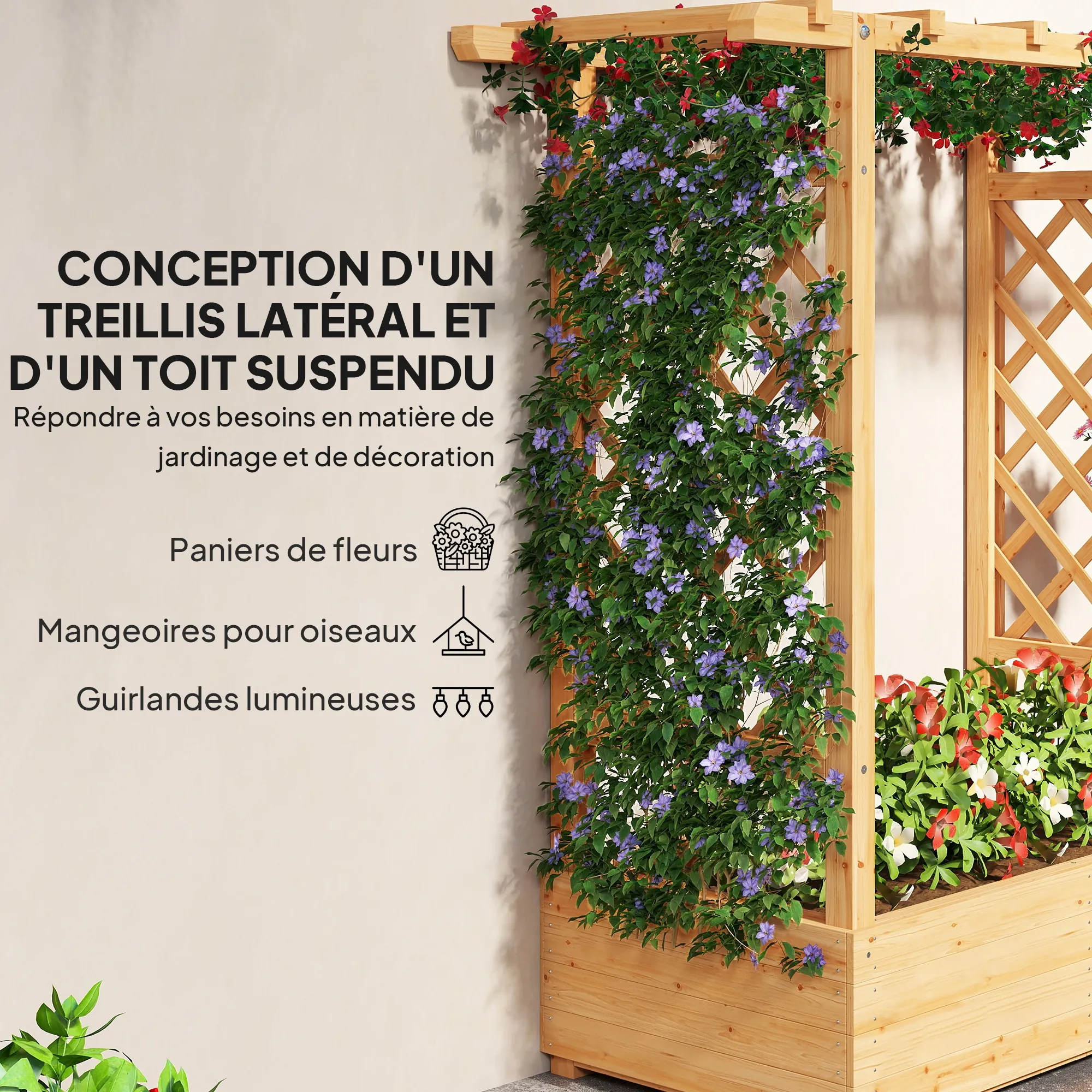 Jardinière surélevée avec treillis latéral et supérieur, bac à fleurs trous de drainage, 110x44x113cm, bois naturel – vue 5