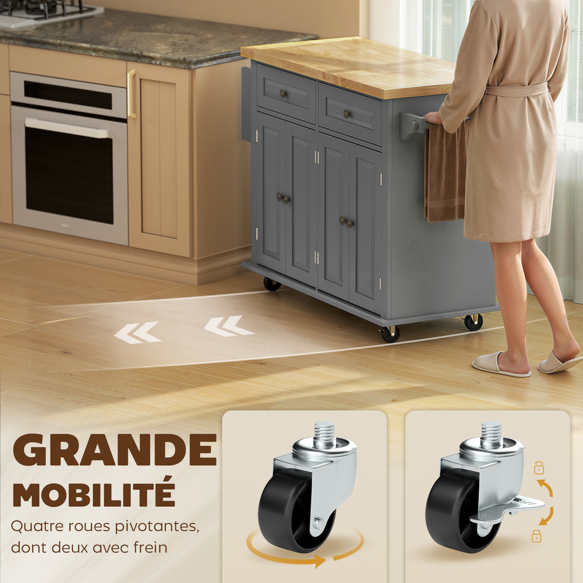 Desserte de Cuisine Mobile avec 2 Placards, 2 Tiroirs & Plateau en Hévéa – Gris – vue 7