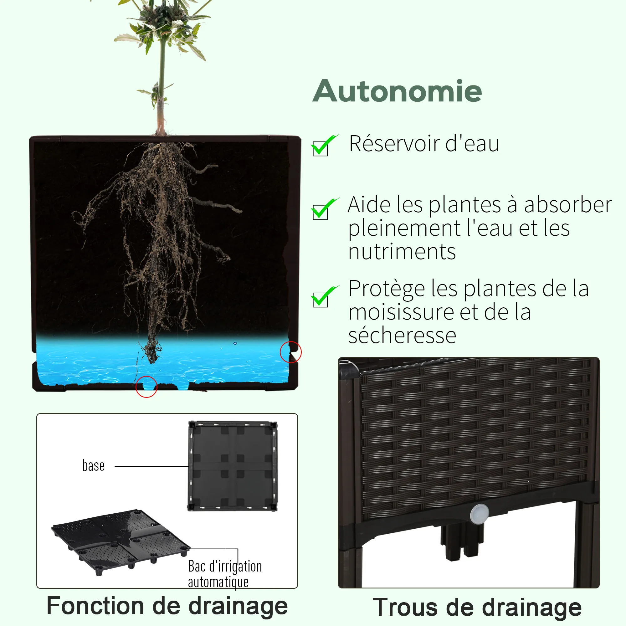 Jardinière sur pieds carré potager 2 étages dim. 80L x 80l x 44H cm insert d'irrigation plastique – vue 5