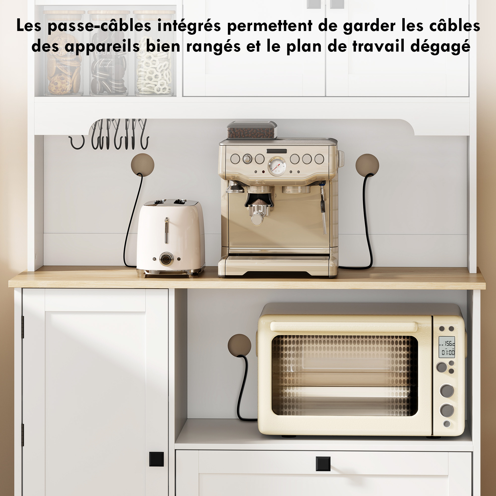 Buffet Haut Cuisine, Armoire Cuisine avec 3 Portes, 2 Tiroirs, Plan de Travail, Compartiments Ouverts, Blanc – vue 6