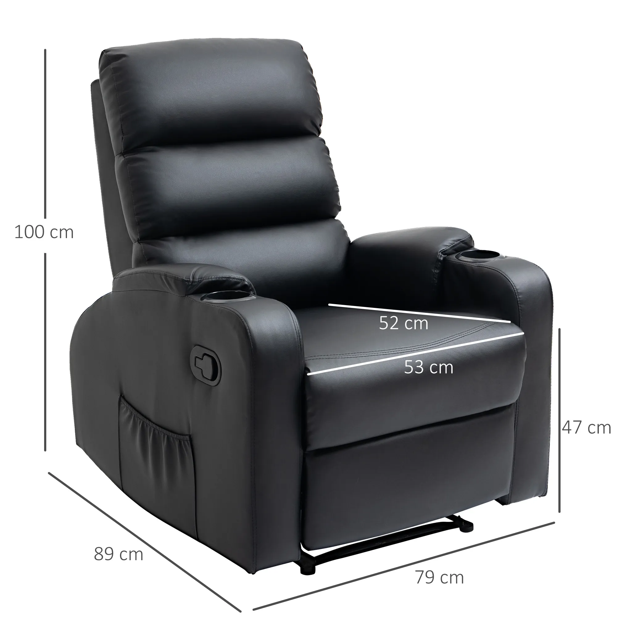 Fauteuil Relax Manuel Inclinable avec Repose-Pieds & Porte-Gobelets – Noir – Bild 3