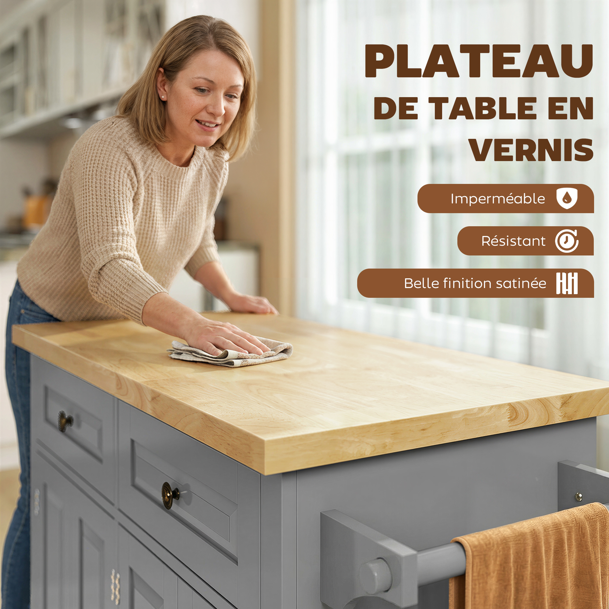 Desserte de Cuisine Mobile avec 2 Placards, 2 Tiroirs & Plateau en Hévéa – Gris – vue de détail