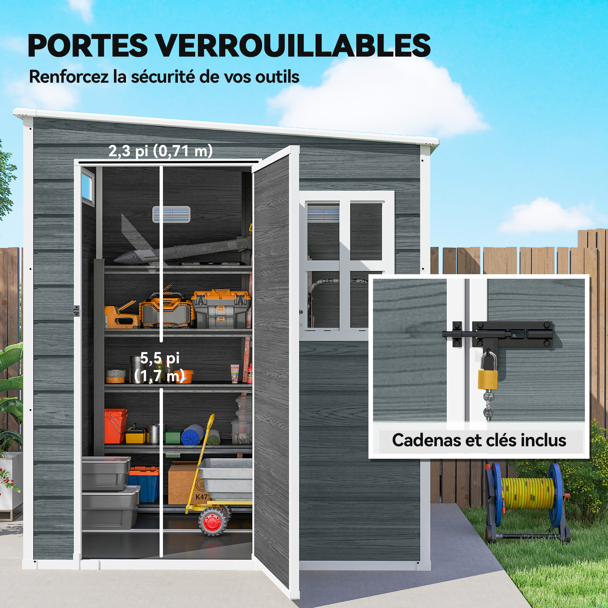 Abri de Jardin Cabanon de Stockage Plancher Structure Aluminium 3 Fenêtres 2 Aérations 182x182x183cm Gris Effet Bois – vue 6