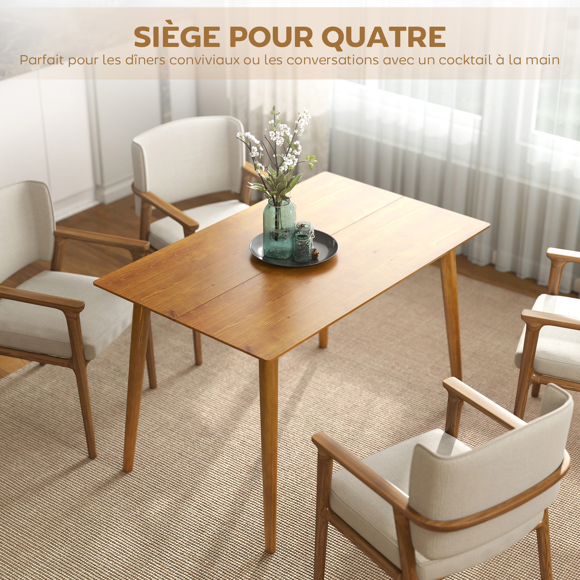 Table de Salle à Manger 4 Personnes en Bois de Pin – 120 × 75 × 76 cm – Marron – vue de détail