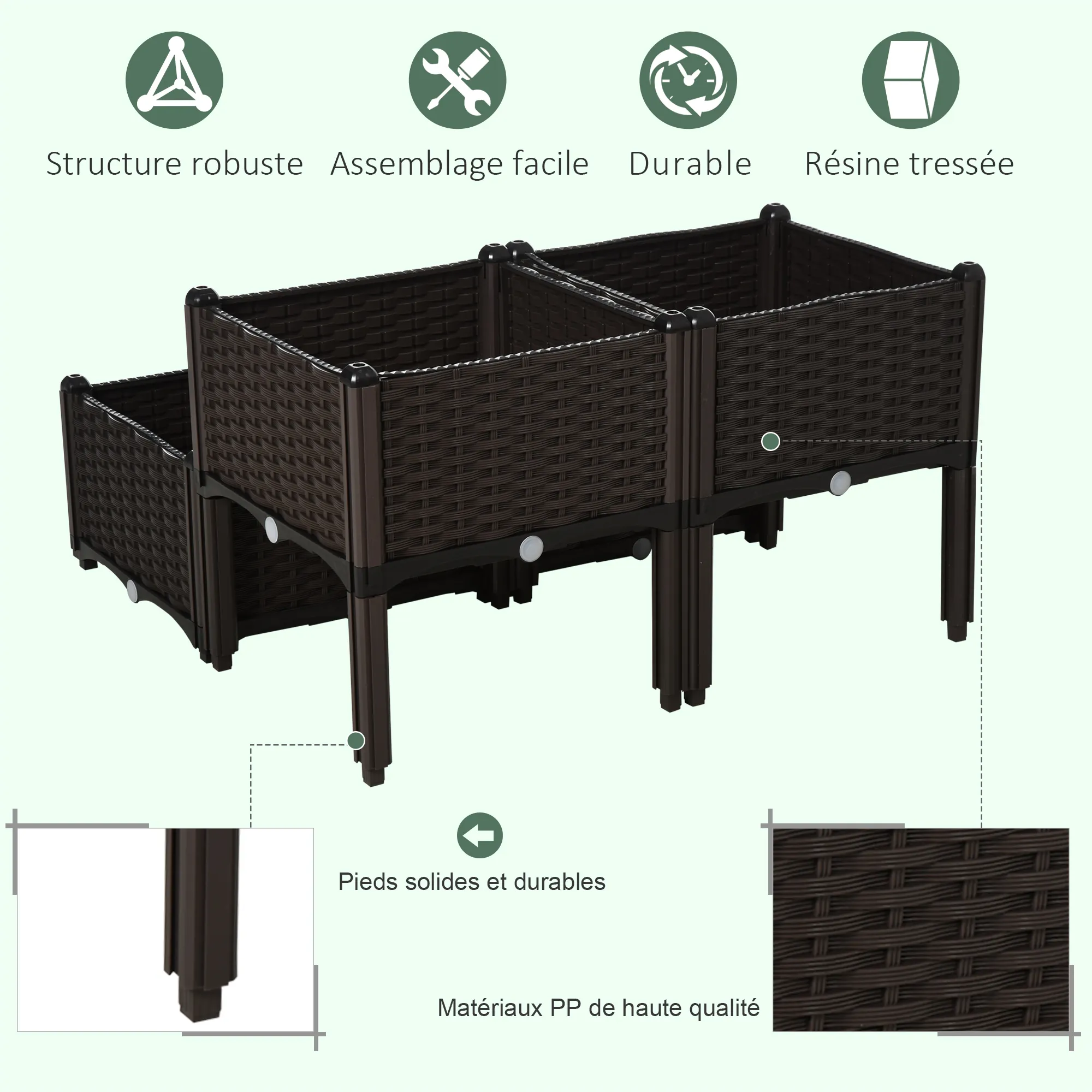 Jardinière sur pieds carré potager 2 étages dim. 80L x 80l x 44H cm insert d'irrigation plastique – vue de détail
