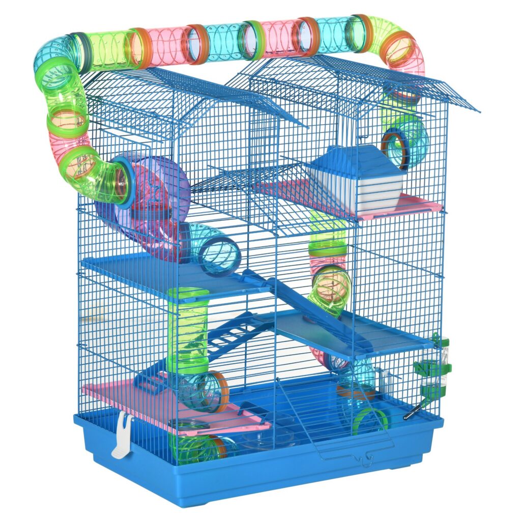 Cage pour Hamster Souris Petit Animaux Rongeur avec Tunnel Mangeoire Roue Jouet 47 x 30 x 59 cm Bleu