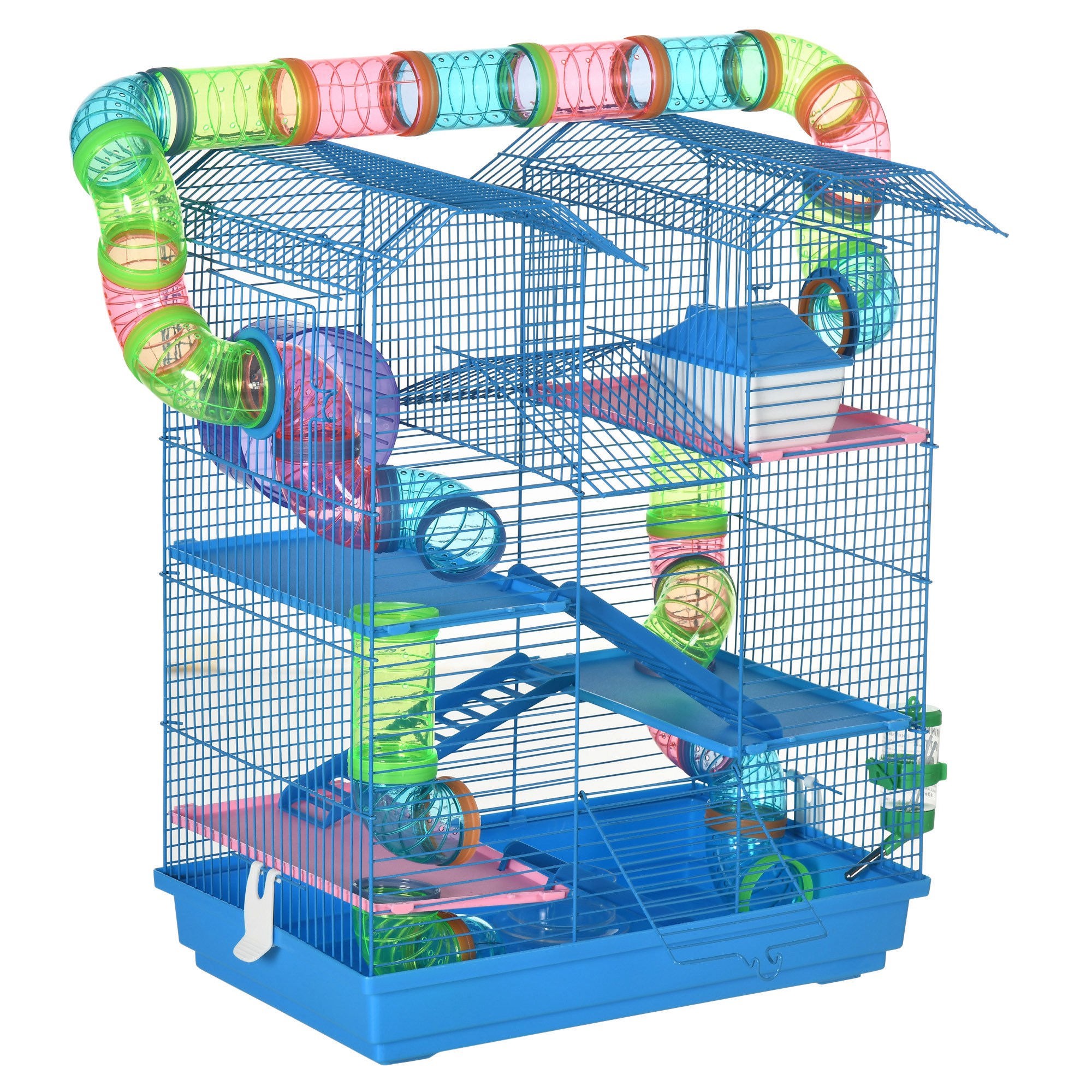 Cage pour Hamster Souris Petit Animaux Rongeur avec Tunnel Mangeoire Roue Jouet 47 x 30 x 59 cm Bleu