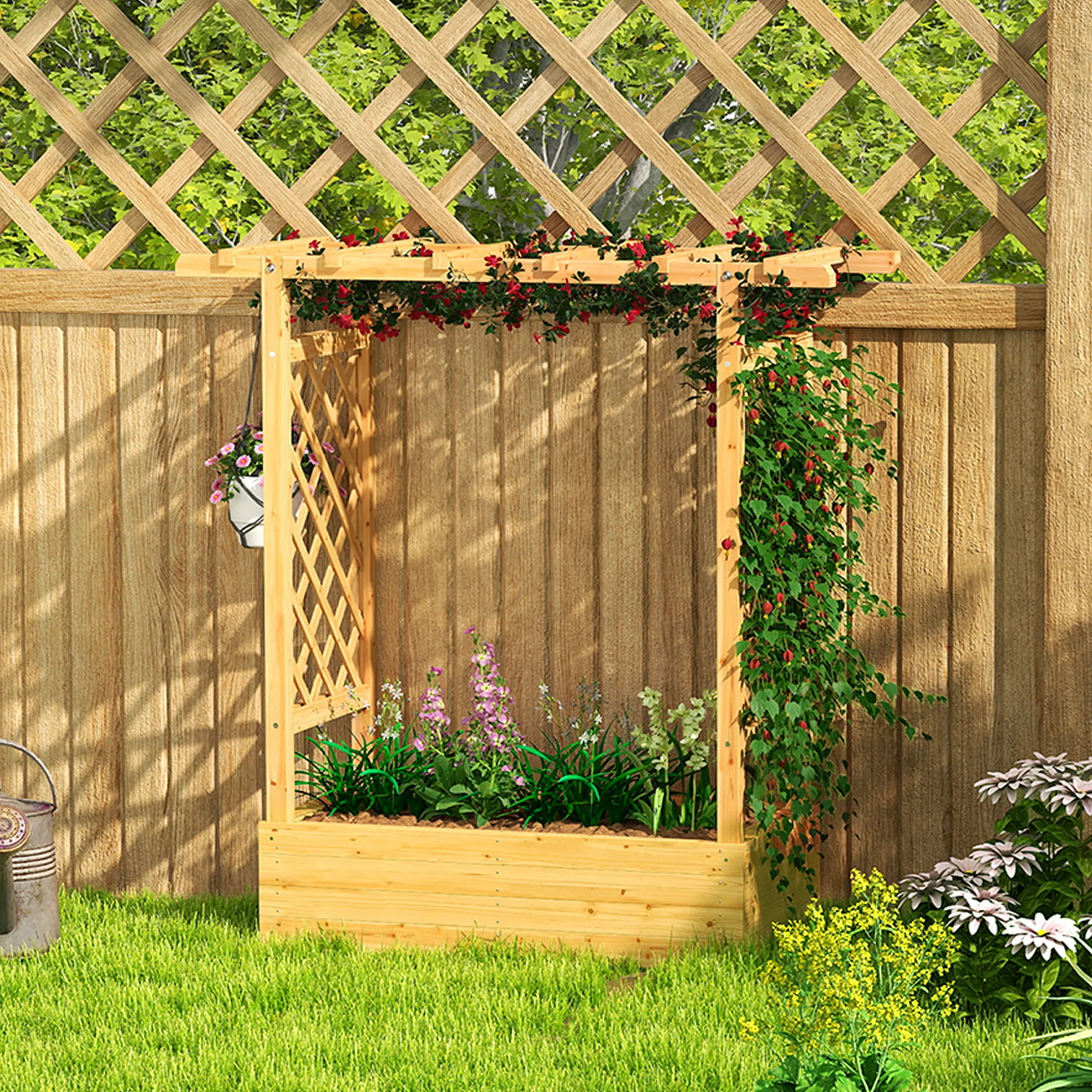 Jardinière surélevée avec treillis latéral et supérieur, bac à fleurs trous de drainage, 110x44x113cm, bois naturel – vue 8