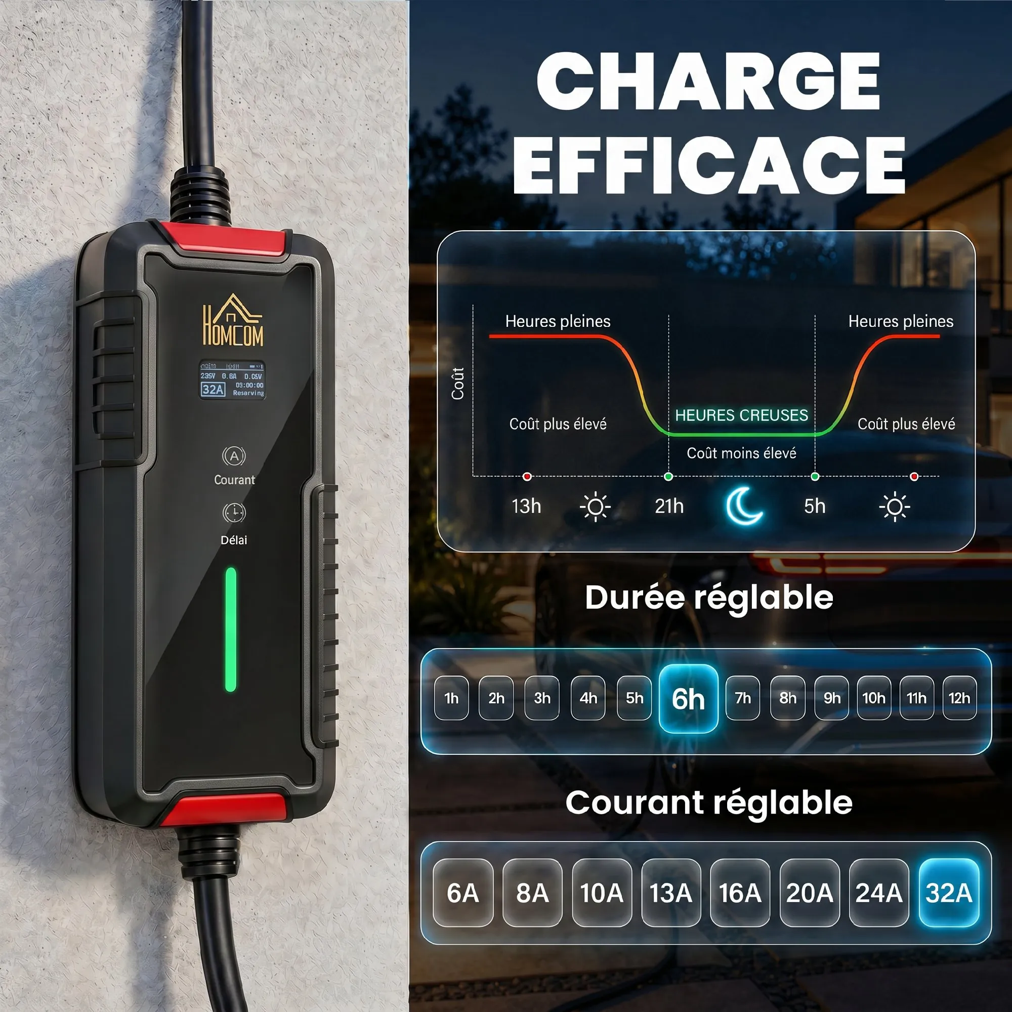Chargeur voiture électrique Type 2 7,4 kW 32 A avec câble 8 m – noir - Afbeelding 5