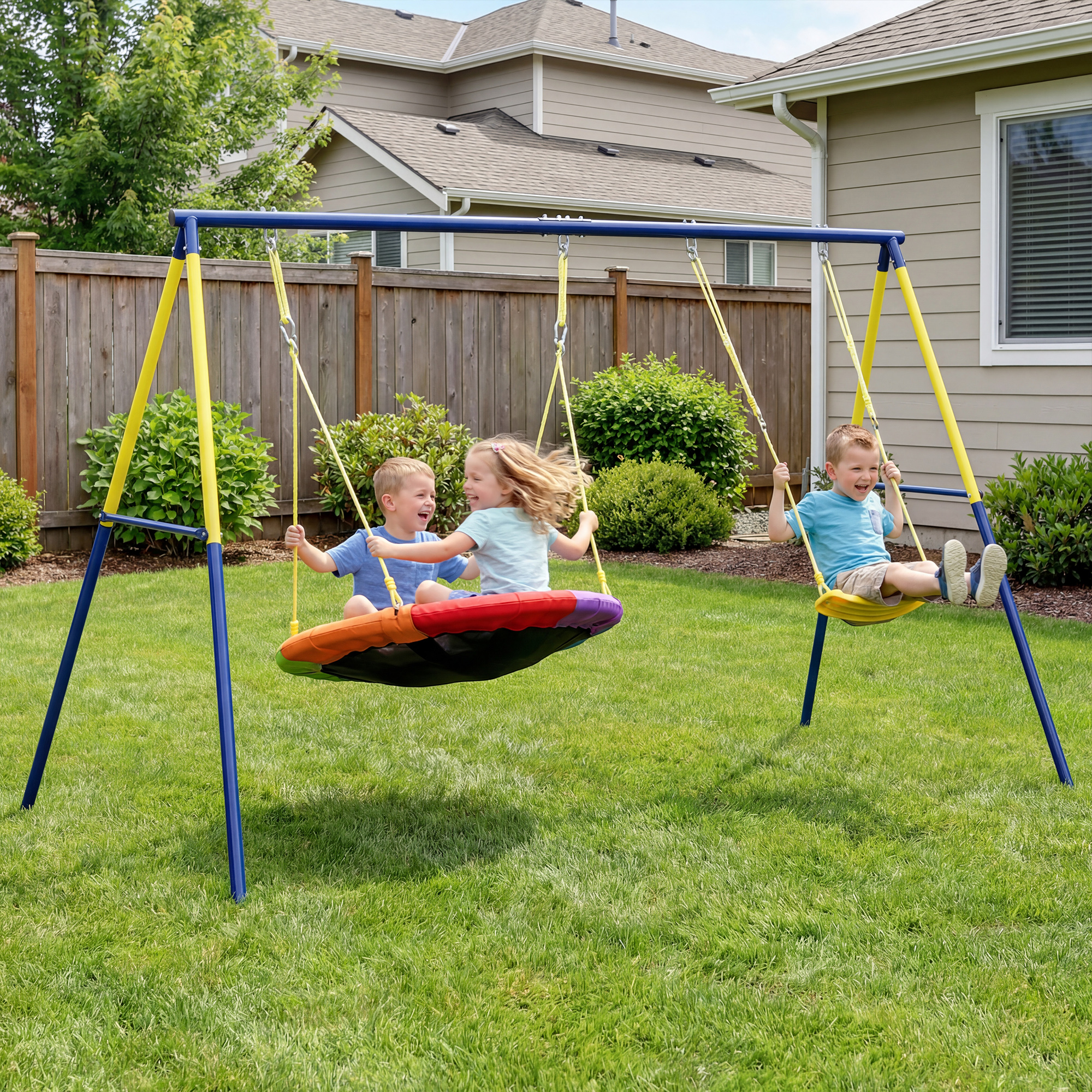 Balançoire portique pour enfant avec double balancelles, cordes réglables, cadre en acier, pour 3-8 ans, multicolore – vue supplémentaire