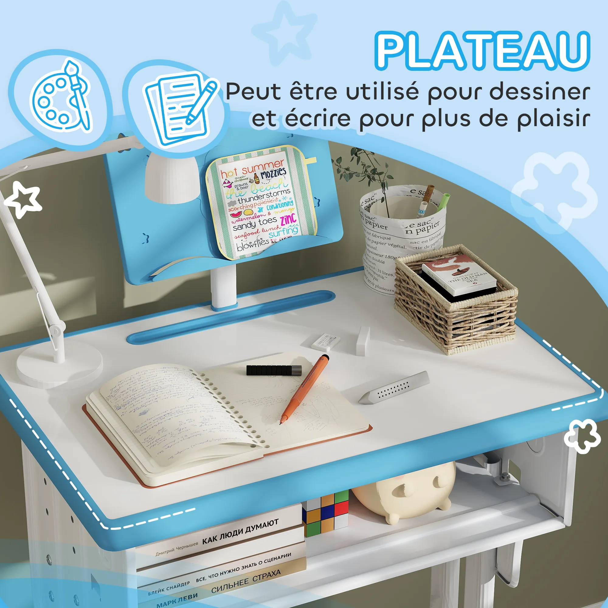 Bureau et Chaise Enfant Réglables avec Support de Lecture & Rangements – Bleu - Image 7